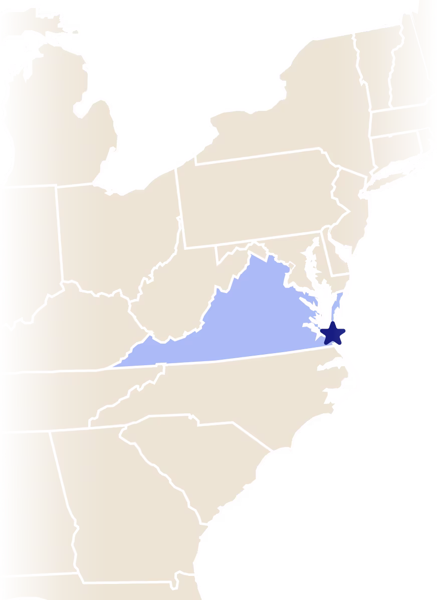 Map of Virginia with star over city of Virginia Beach