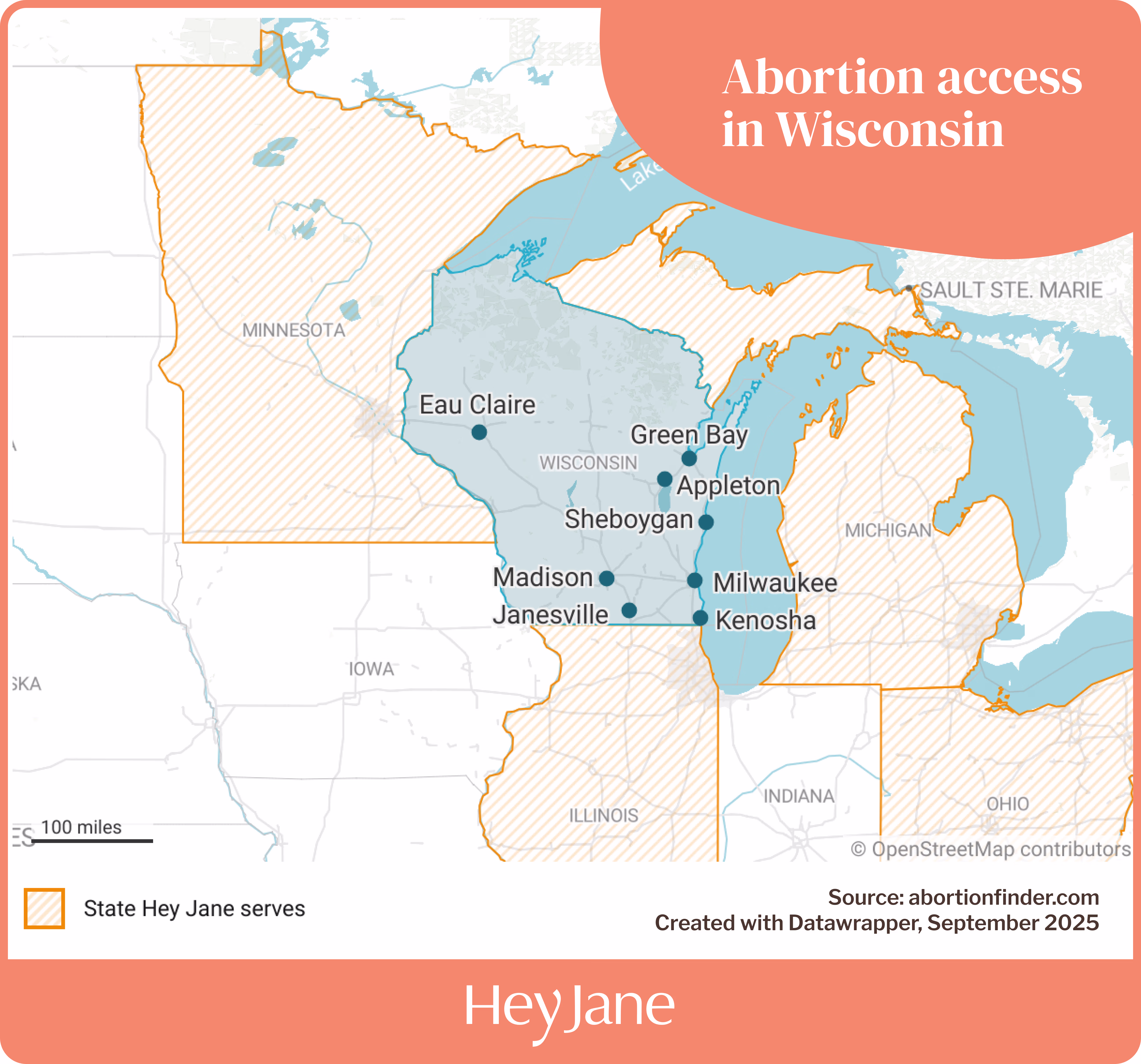 Map of midwest states that Hey Jane providers abortion care in, surrounding Wisconsin.
