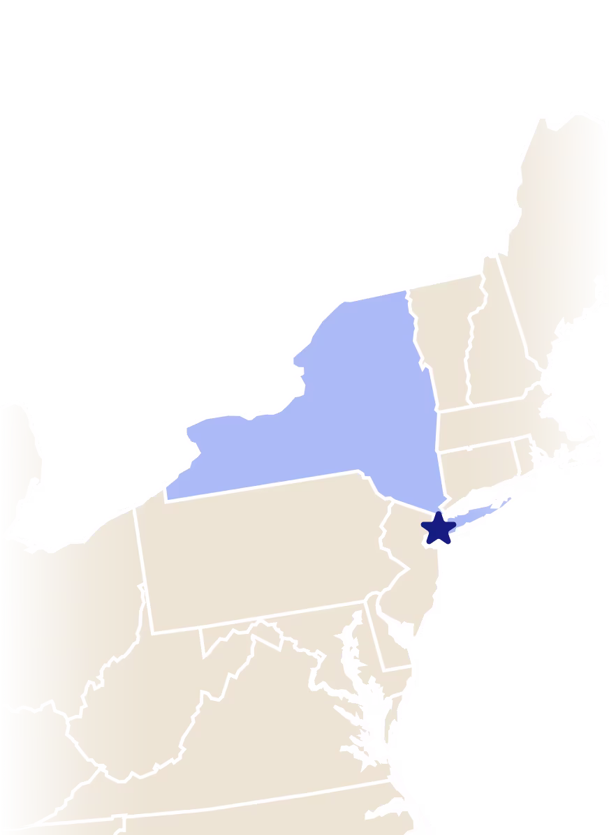 Map of New York with star over the city of Brooklyn