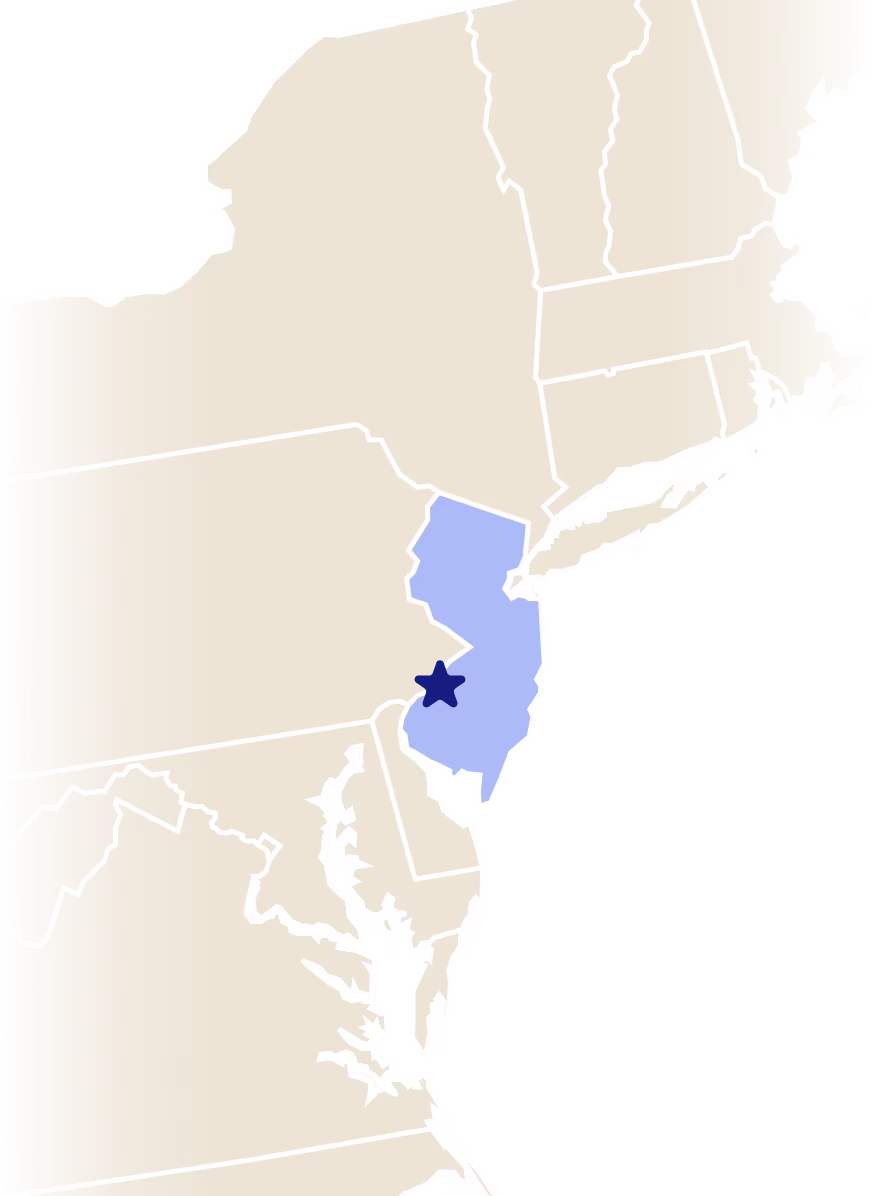 Map of New Jersey with star over the city of Cherry Hill