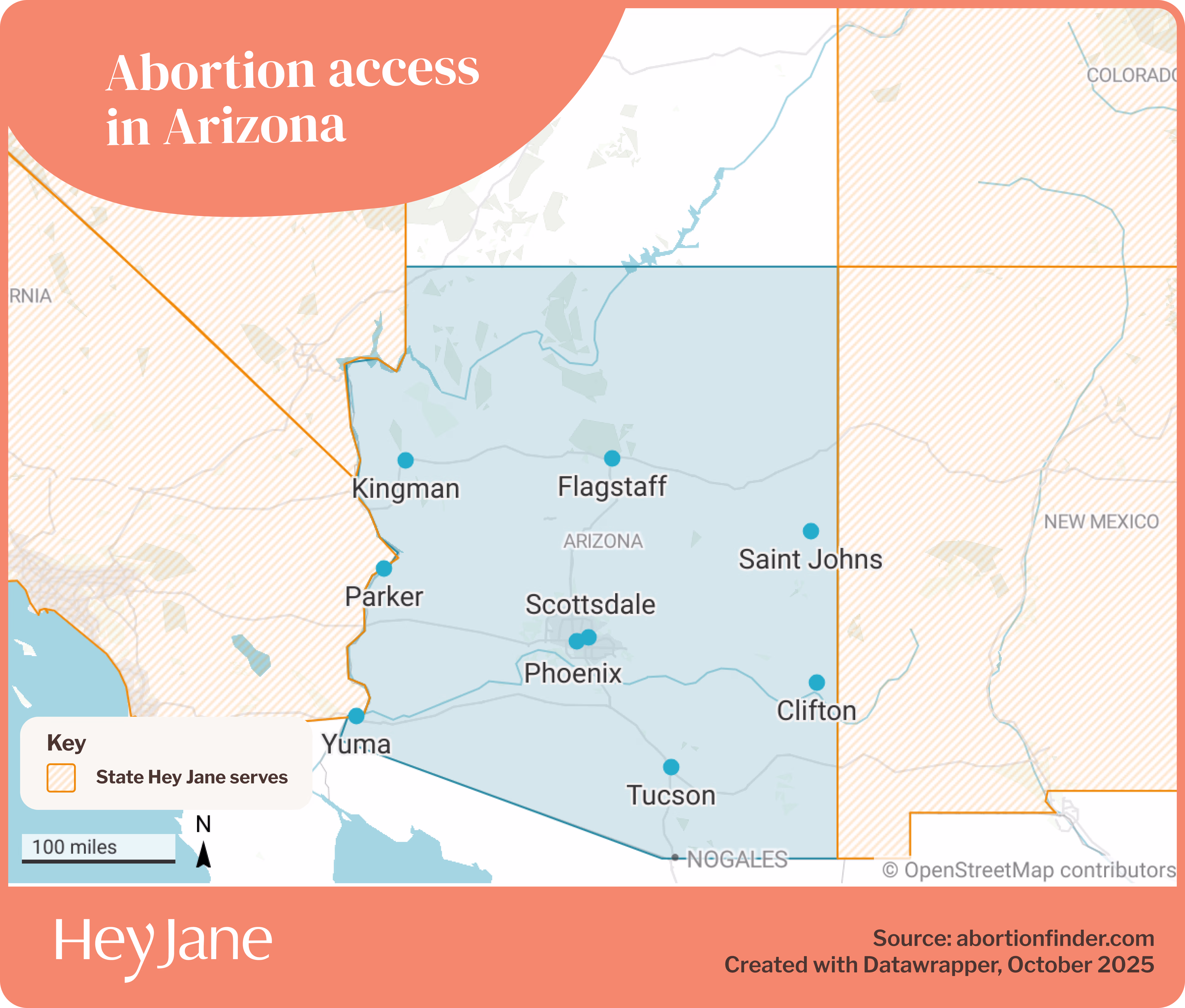 Map of abortion Arizona and nearby states served by Hey Jane for abortion access.
