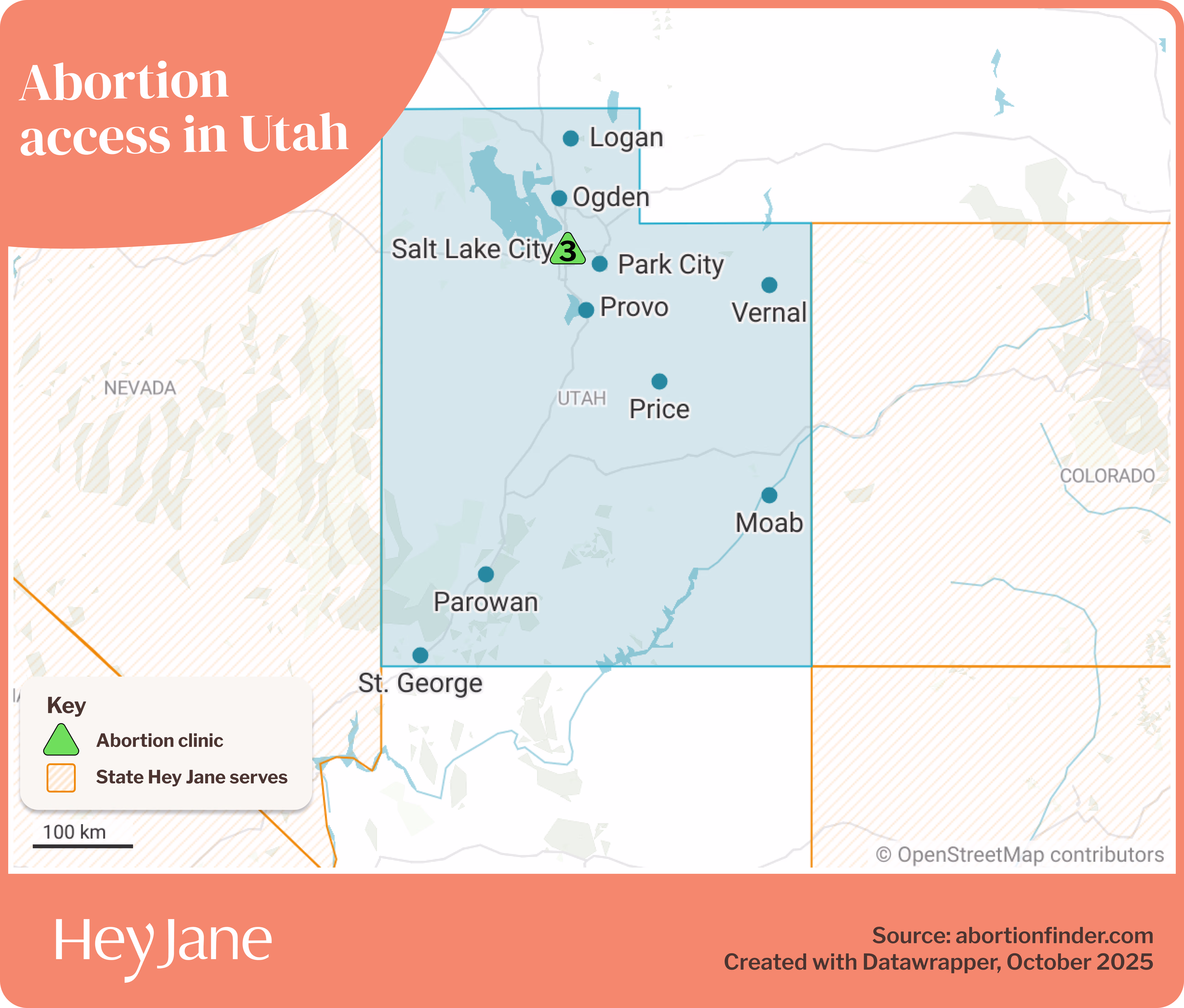 Map of abortion access in Utah and surrounding states served by Hey Jane.