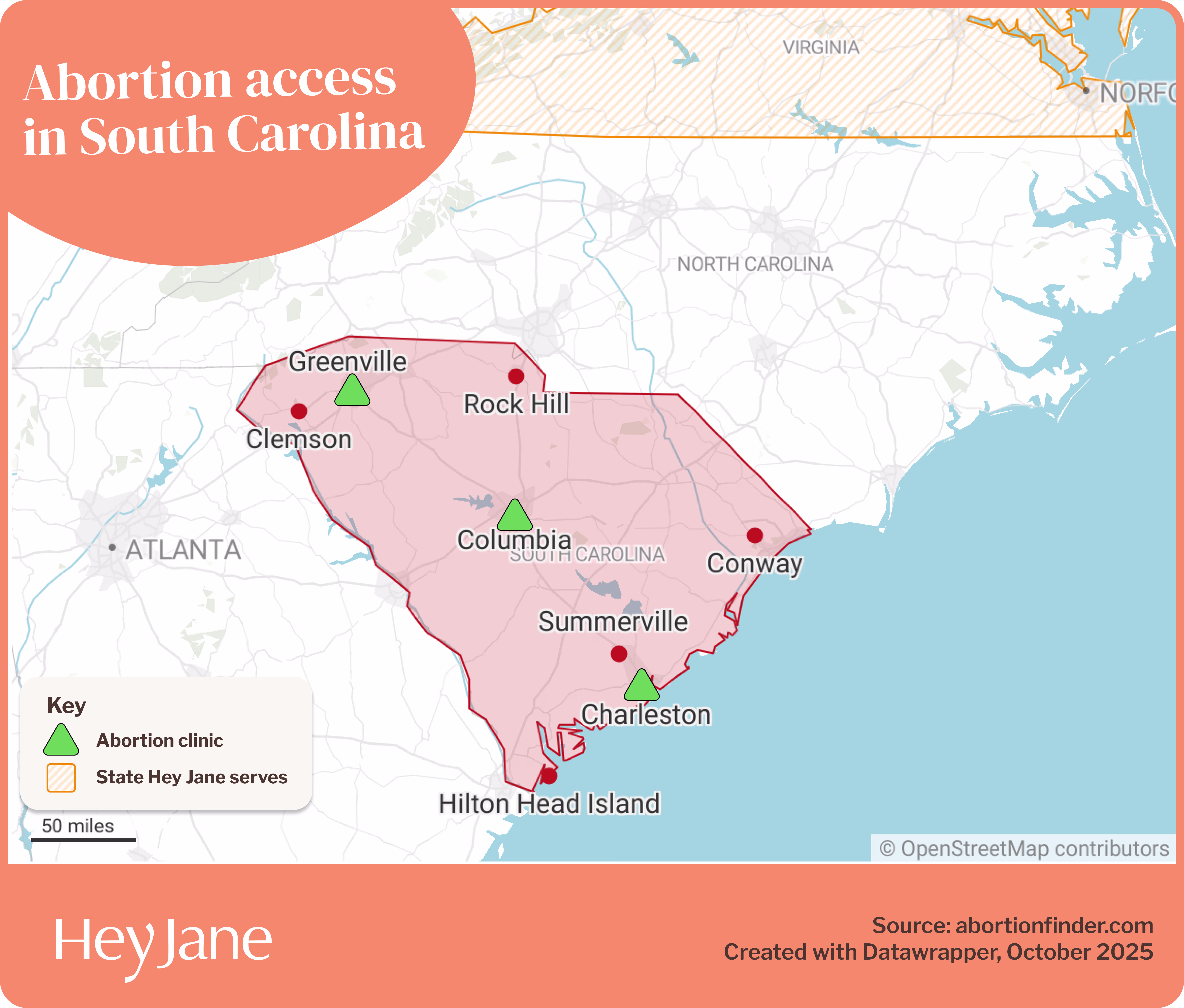 Map of abortion access in South Carolina, including the only 3 abortion clinics and the nearest state Hey Jane serves.