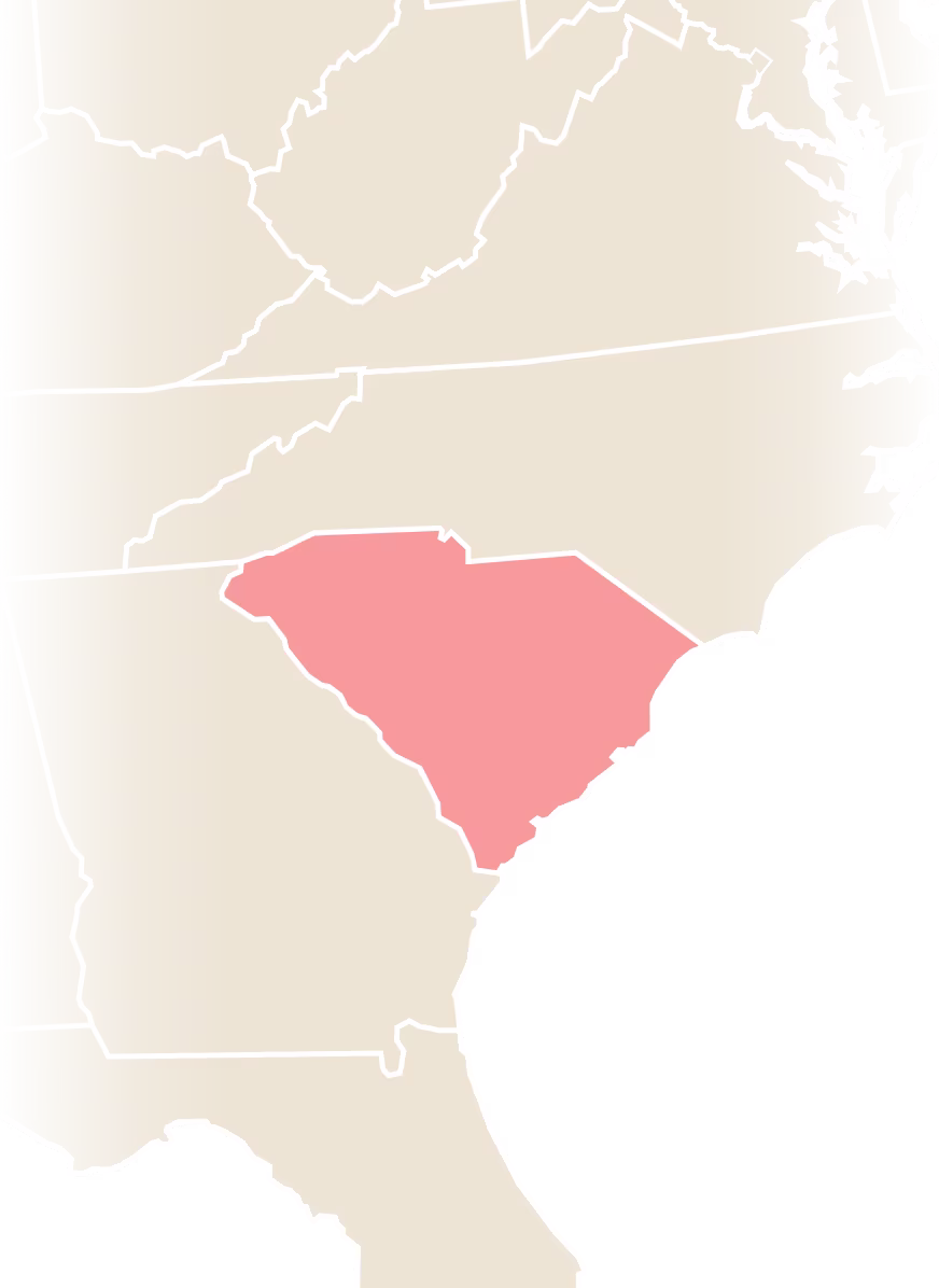 Map of the southeast US, highlighting South Carolina