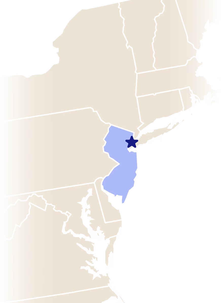 Map of New Jersey with a star over the city of Jersey City