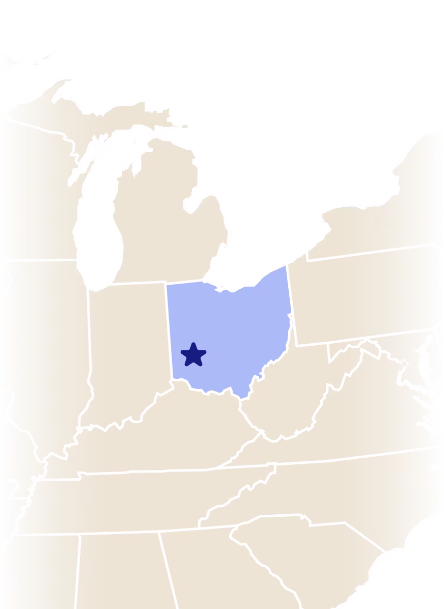 Map of Ohio with a star over the city of Dayton