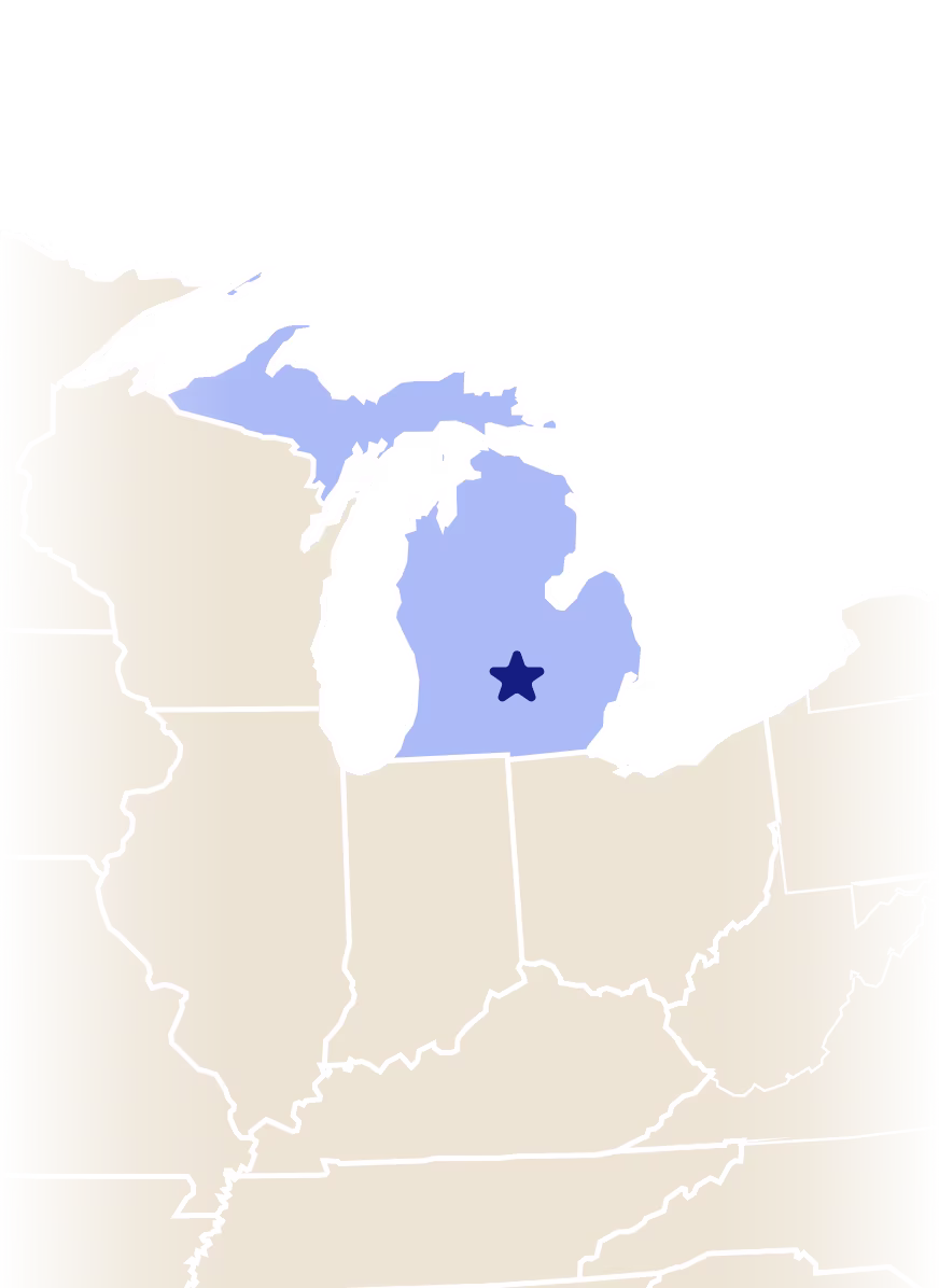 Map of Michigan with a star over the city of Lansing