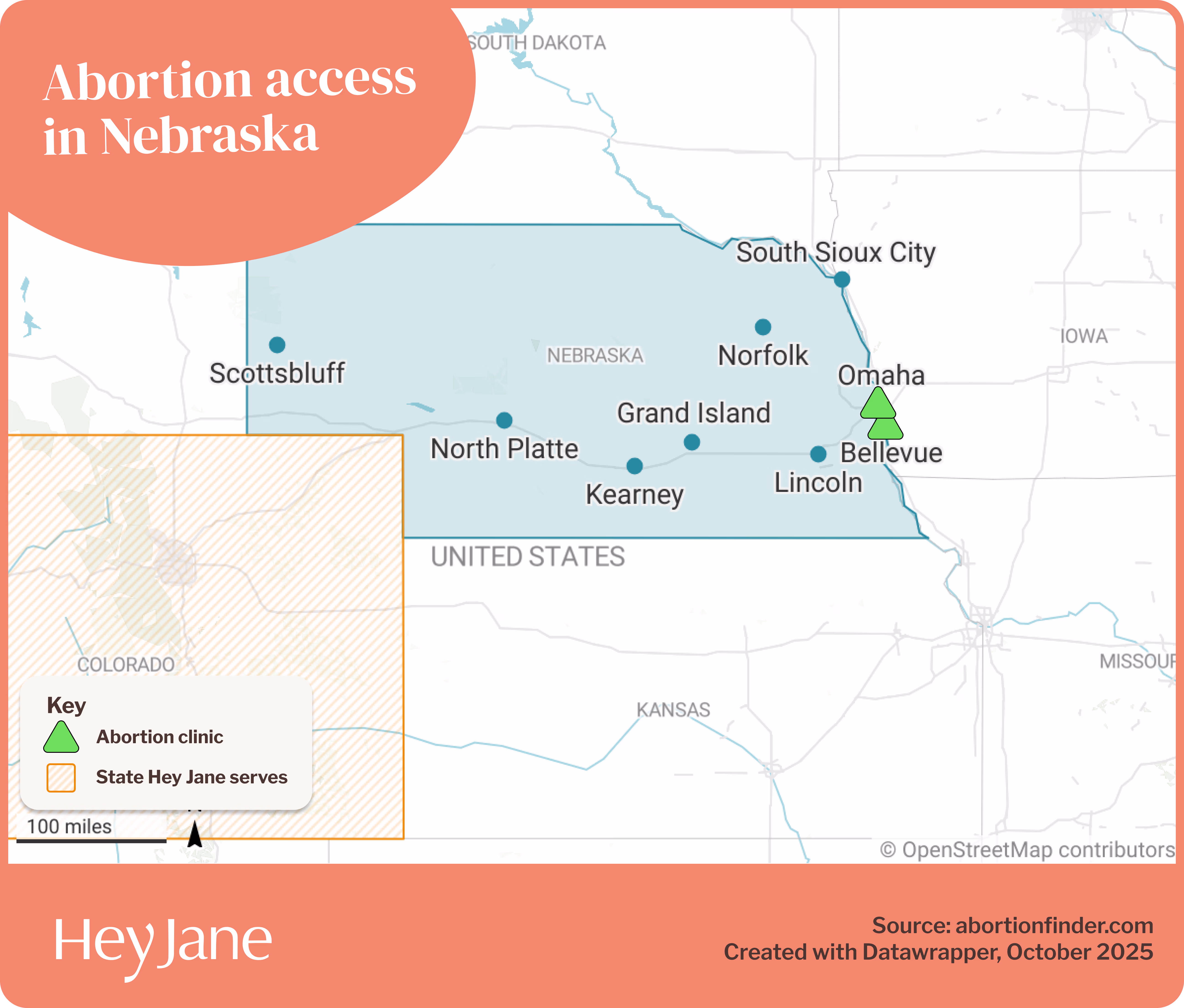 Map of abortion access in Nebraska, including the only 2 clinics in Omaha and Bellevue, plus the nearest state served by virtual clinic Hey Jane.