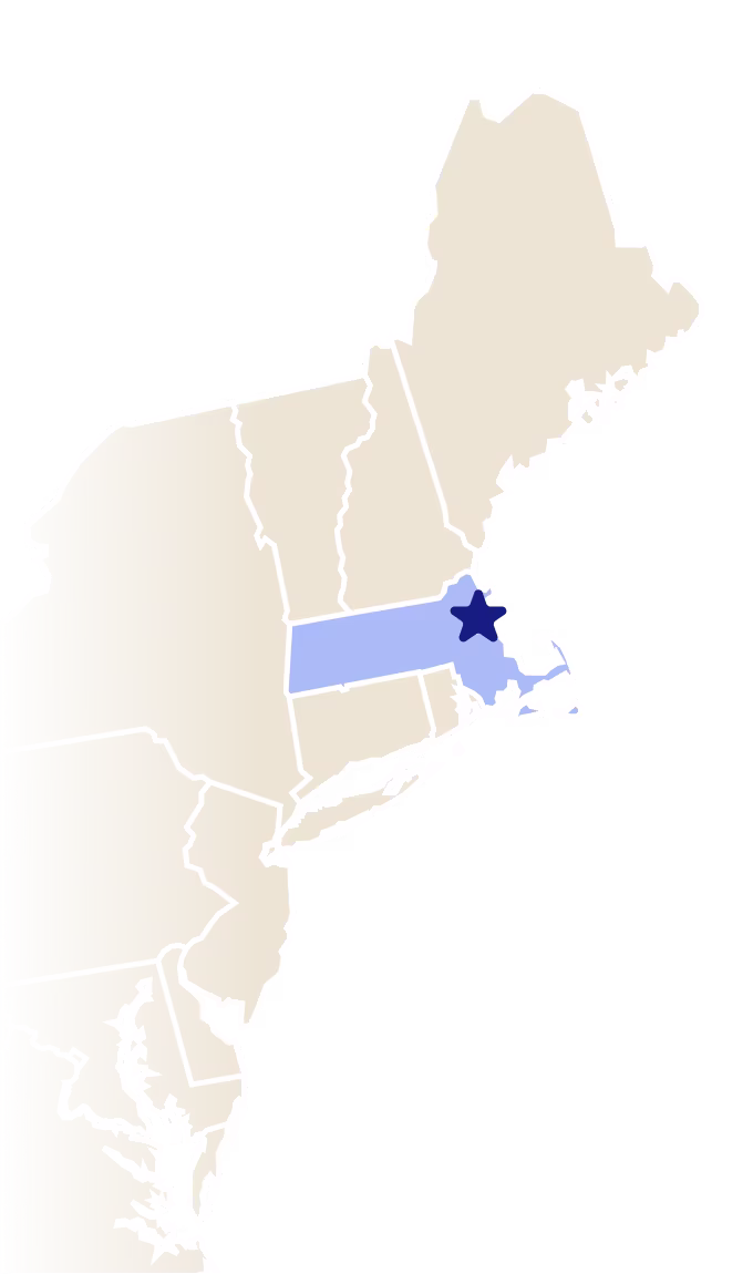 Map of Massachusetts with a star over the city of Chelsea
