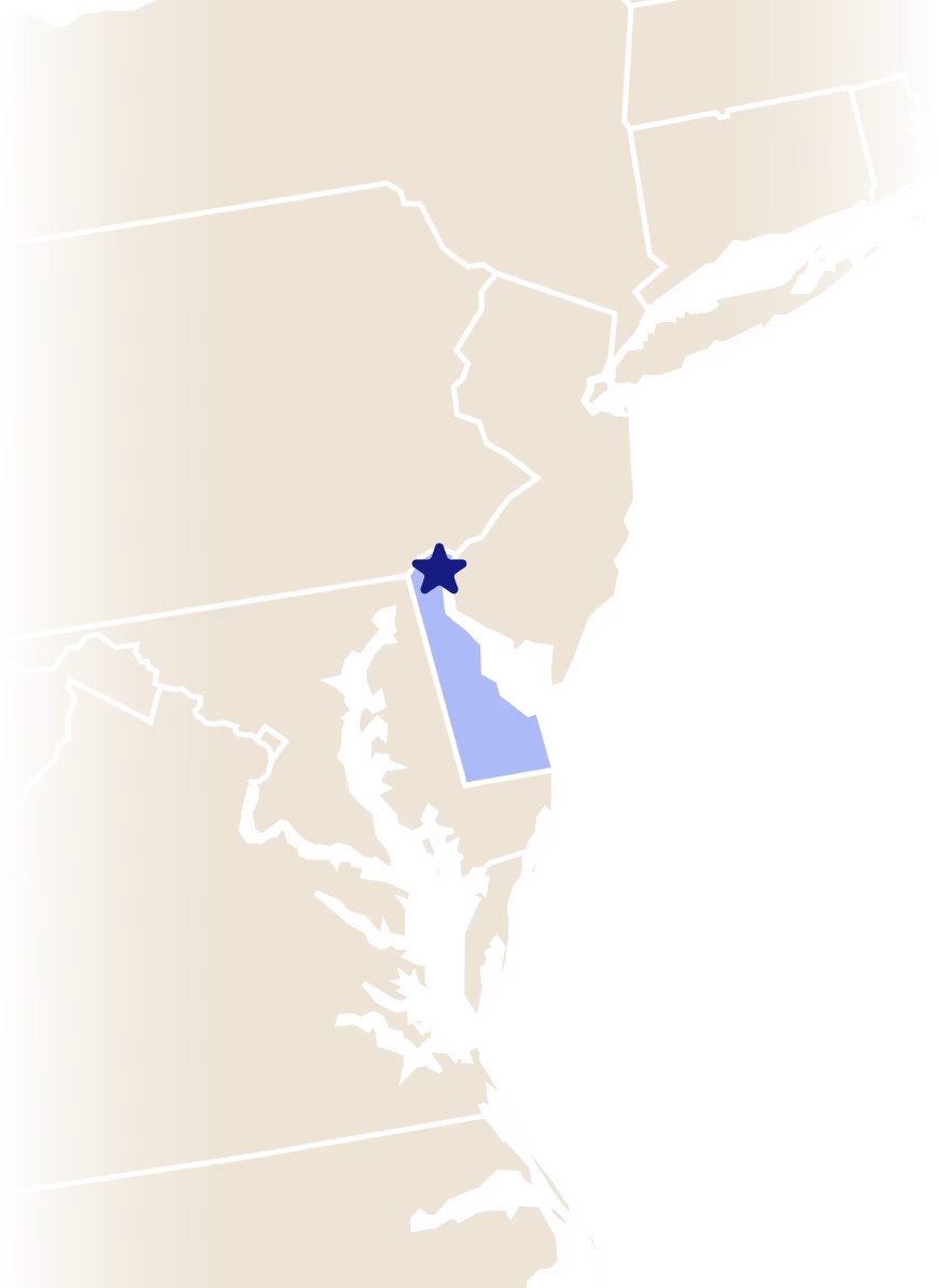 Map of Delaware with a star over the city of Wilmington