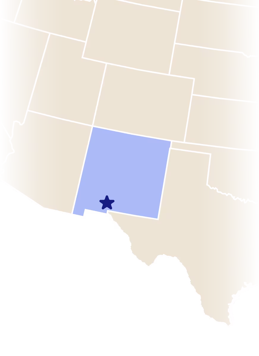 Map of New Mexico with a star over the city of Las Cruces