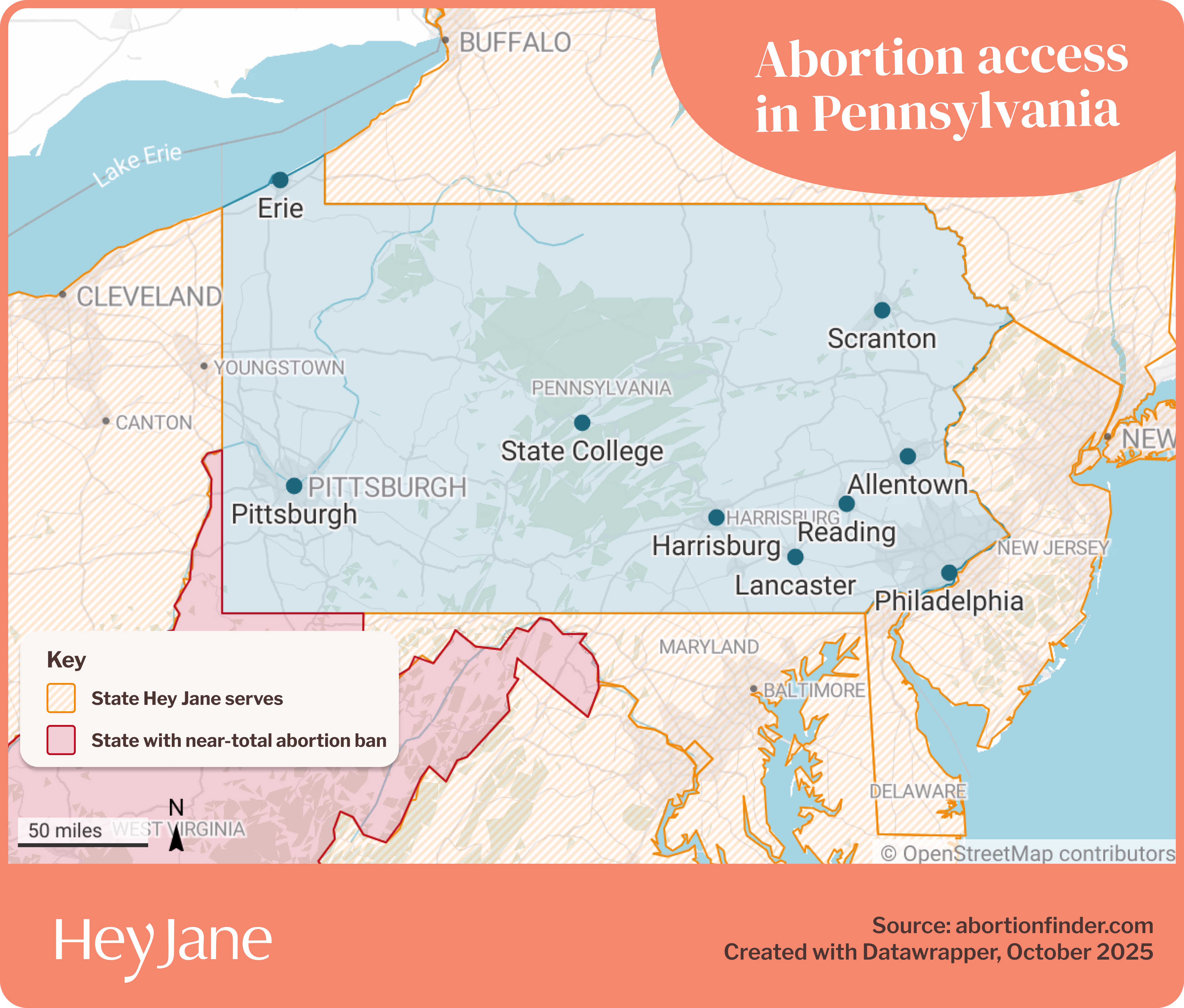 Map of abortion access in Pennsylvania, including key cities, surrounding states with abortion bans, and those that Hey Jane offers abortion pills by mail in.