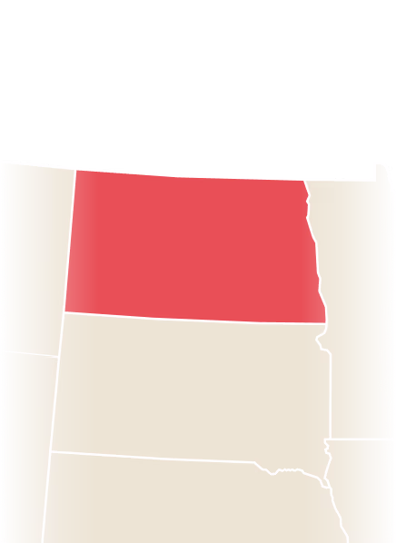 Map of the US states zoomed in and highlighting North Dakota in red to signify a near-total abortion ban.