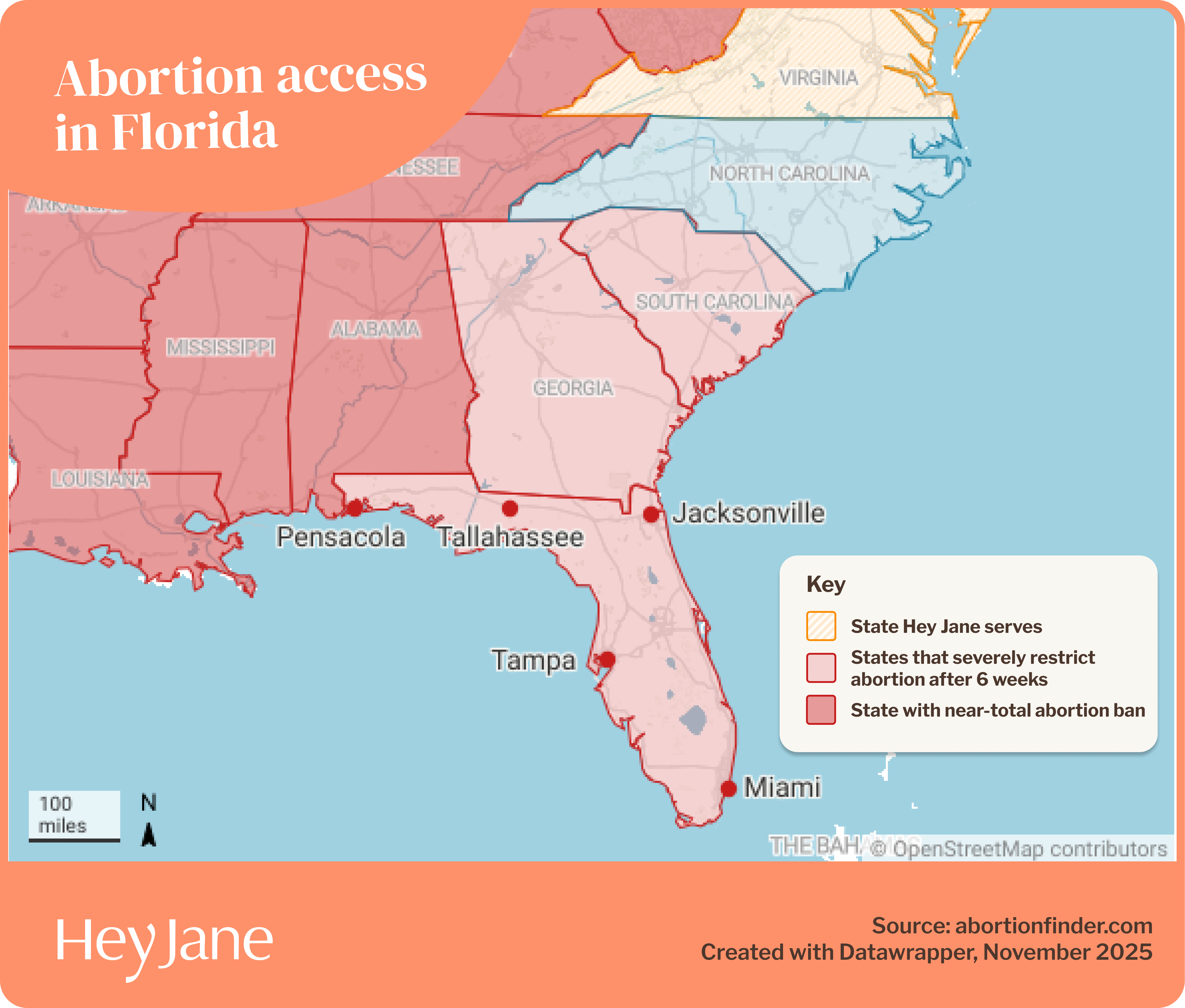 Map of the Southwest US, specifically Florida and nearby states, focused on abortion access laws  and states Hey Jane serves.