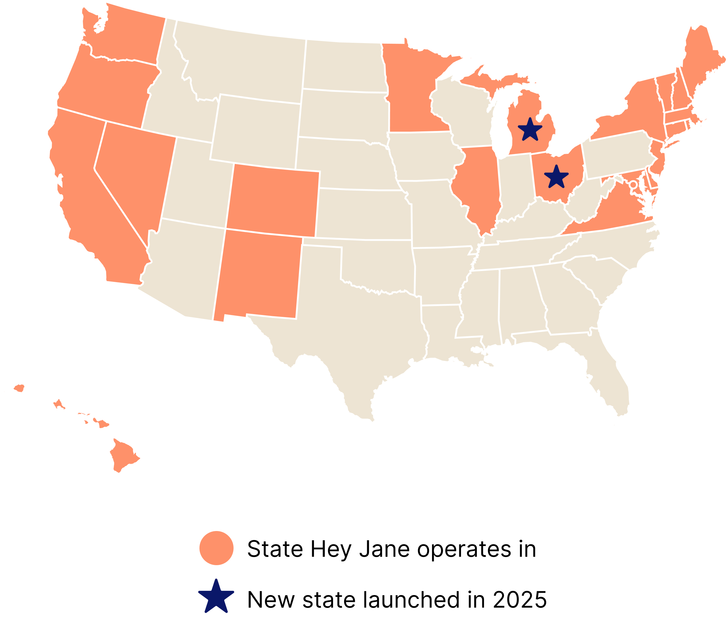 Map of the 23 states Hey Jane serves, with new states launched in 2025 (Michigan and Ohio) starred