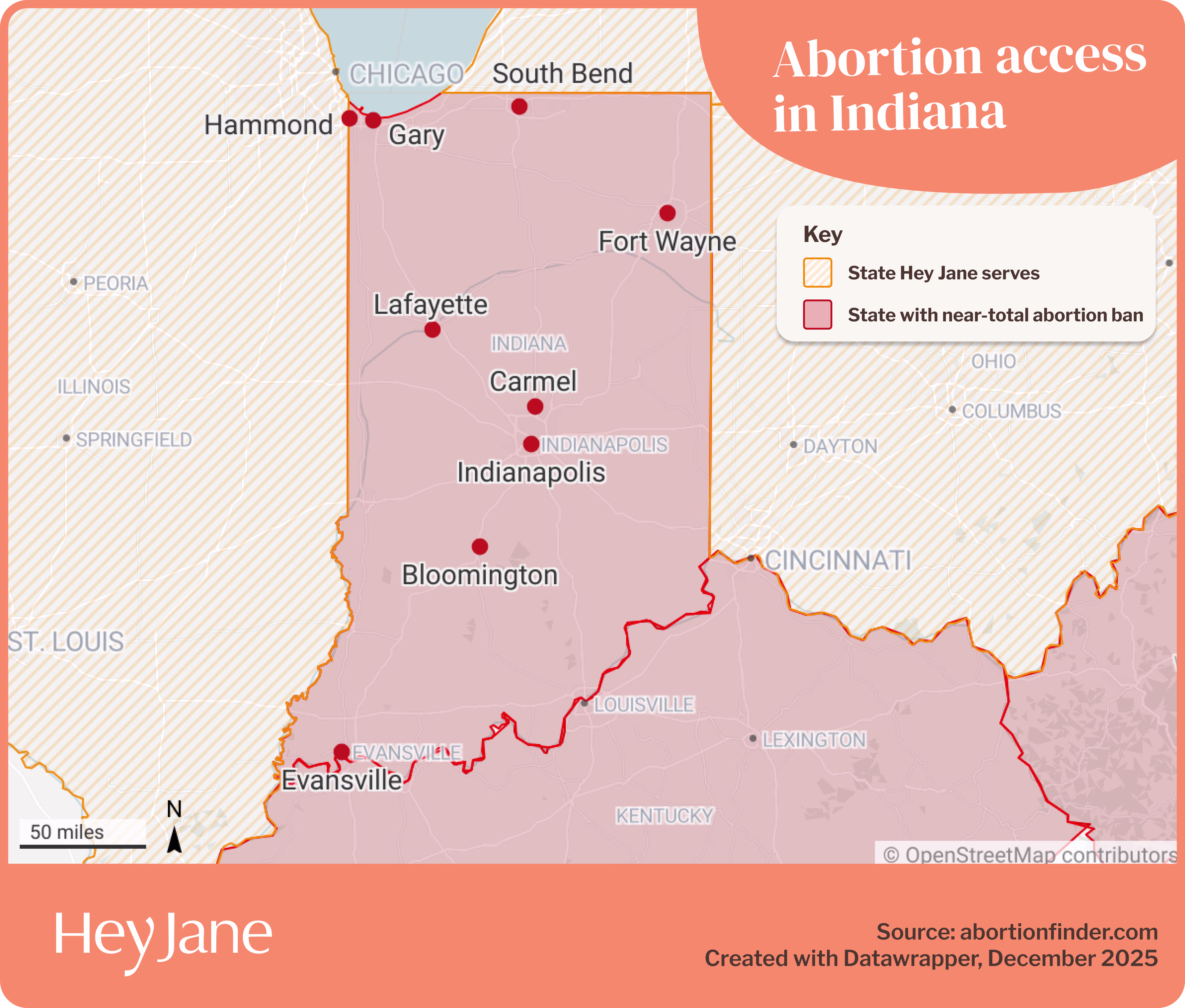 Map of Indiana and surrounding states, focused on which states ban abortion in most cases vs. which states abortion is legal in and where Hey Jane services can be accessed. 
