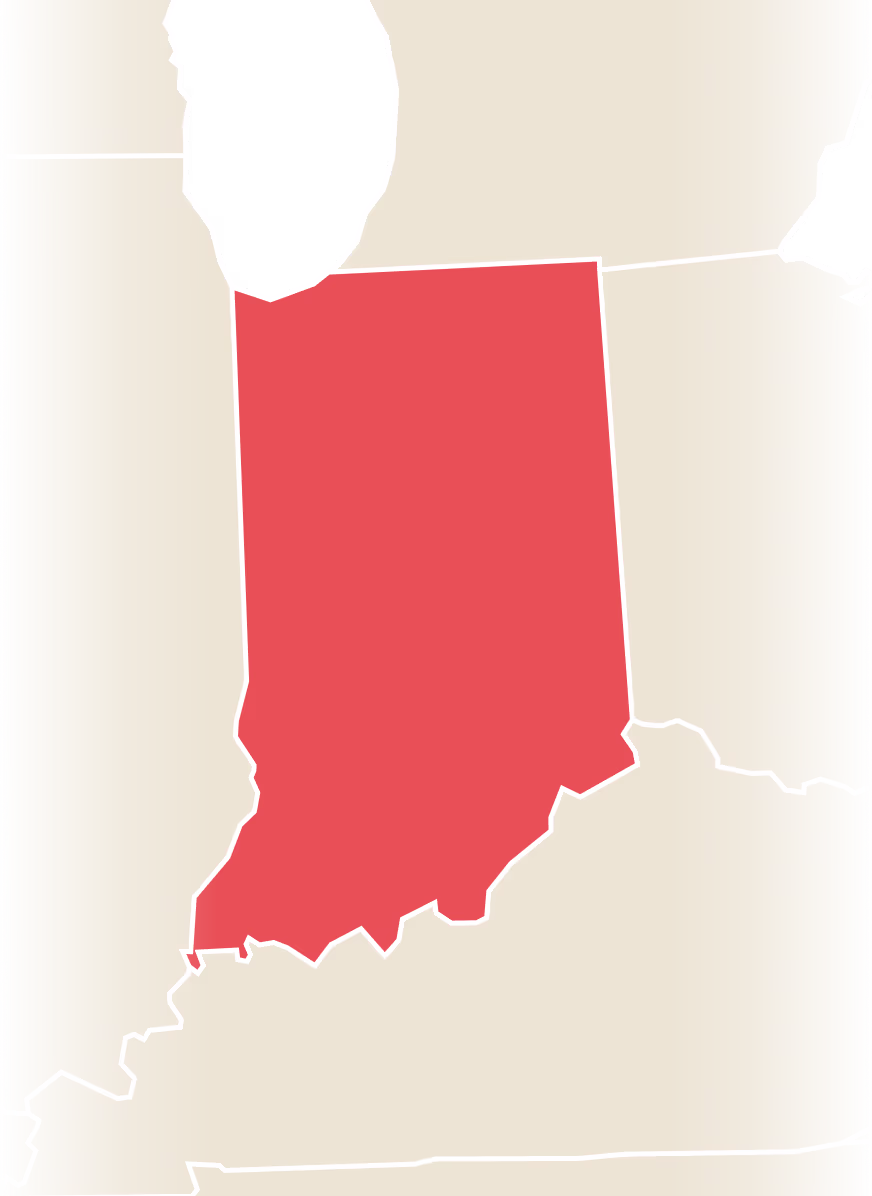 Map of Indiana in red, and surrounding states in beige