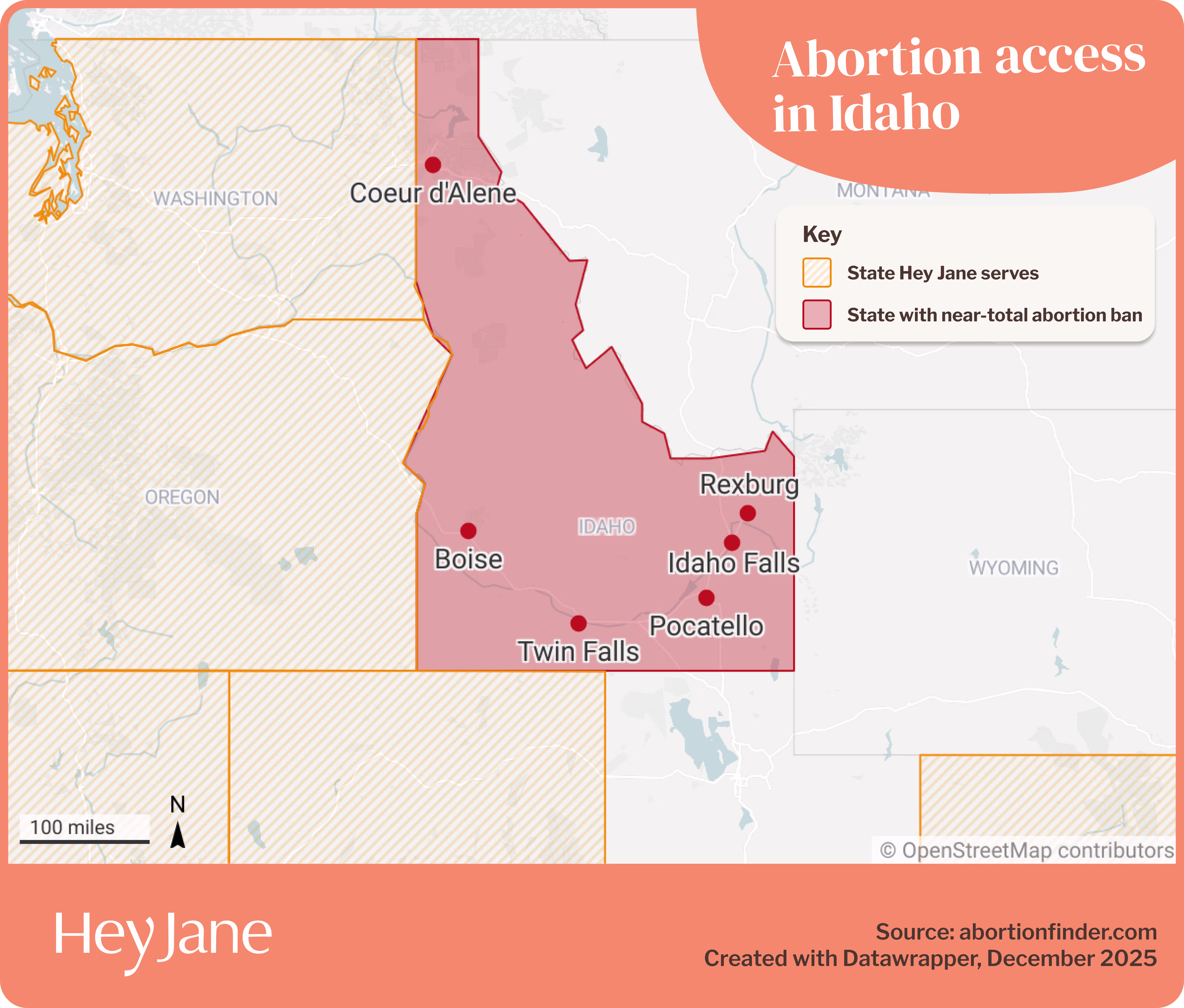 Map of Idaho and surrounding states, with different colors to denote the level of abortion restrictions locally.