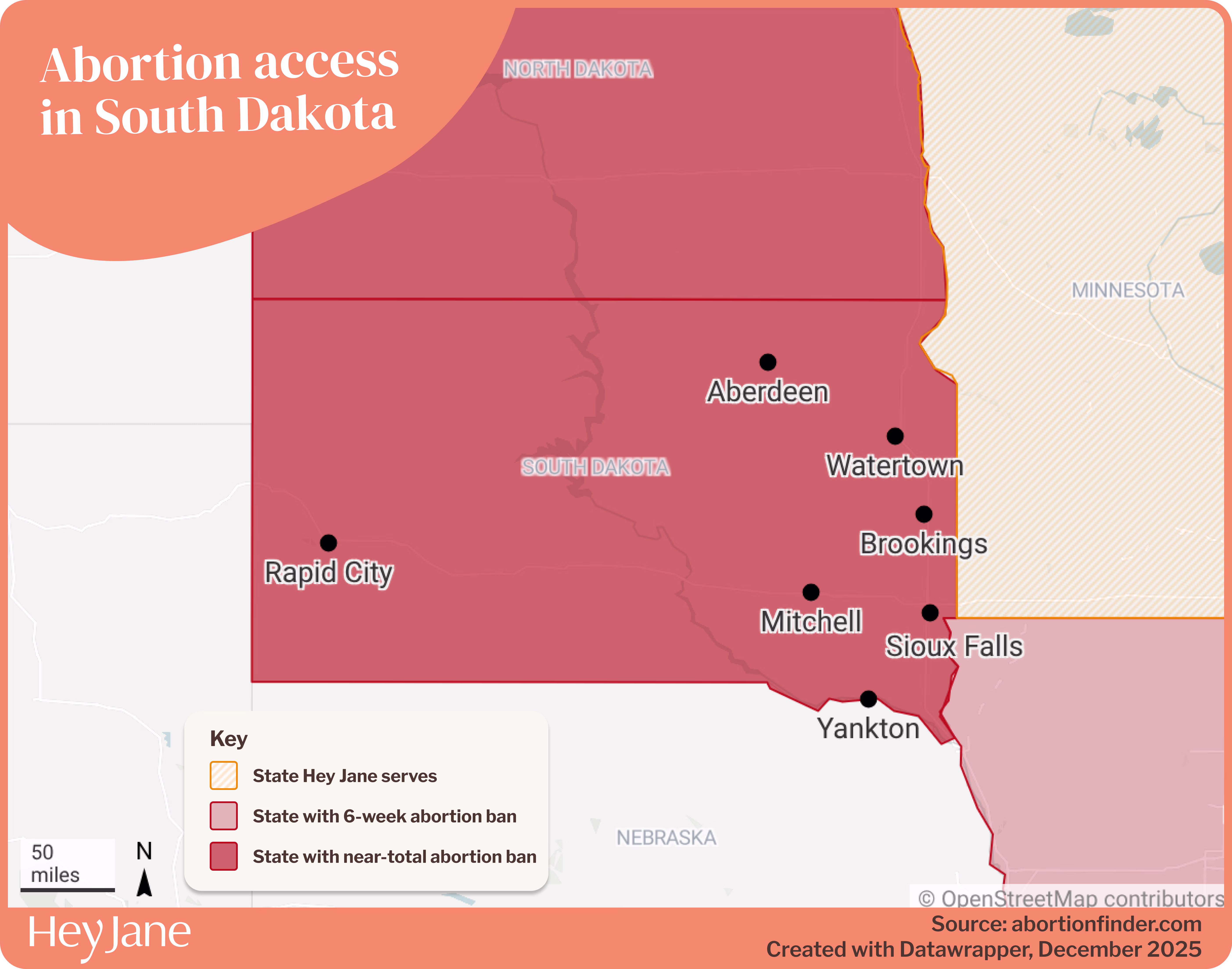 Map of South Dakota and surrounding states, highlighting levels ofabortion access per state.