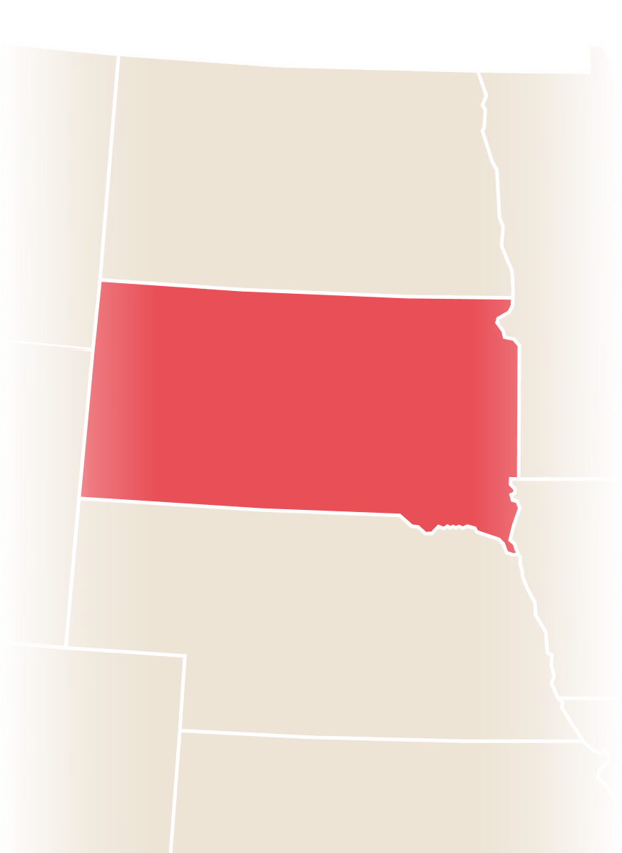 Map of South Dakota in red and surrounding states in beige