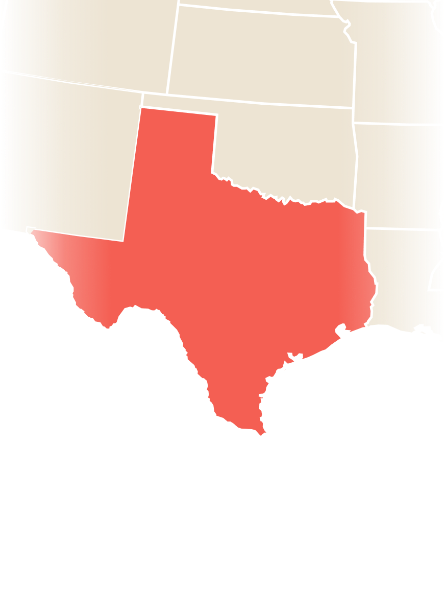 Zoomed in USA map with Texas highlighted in red