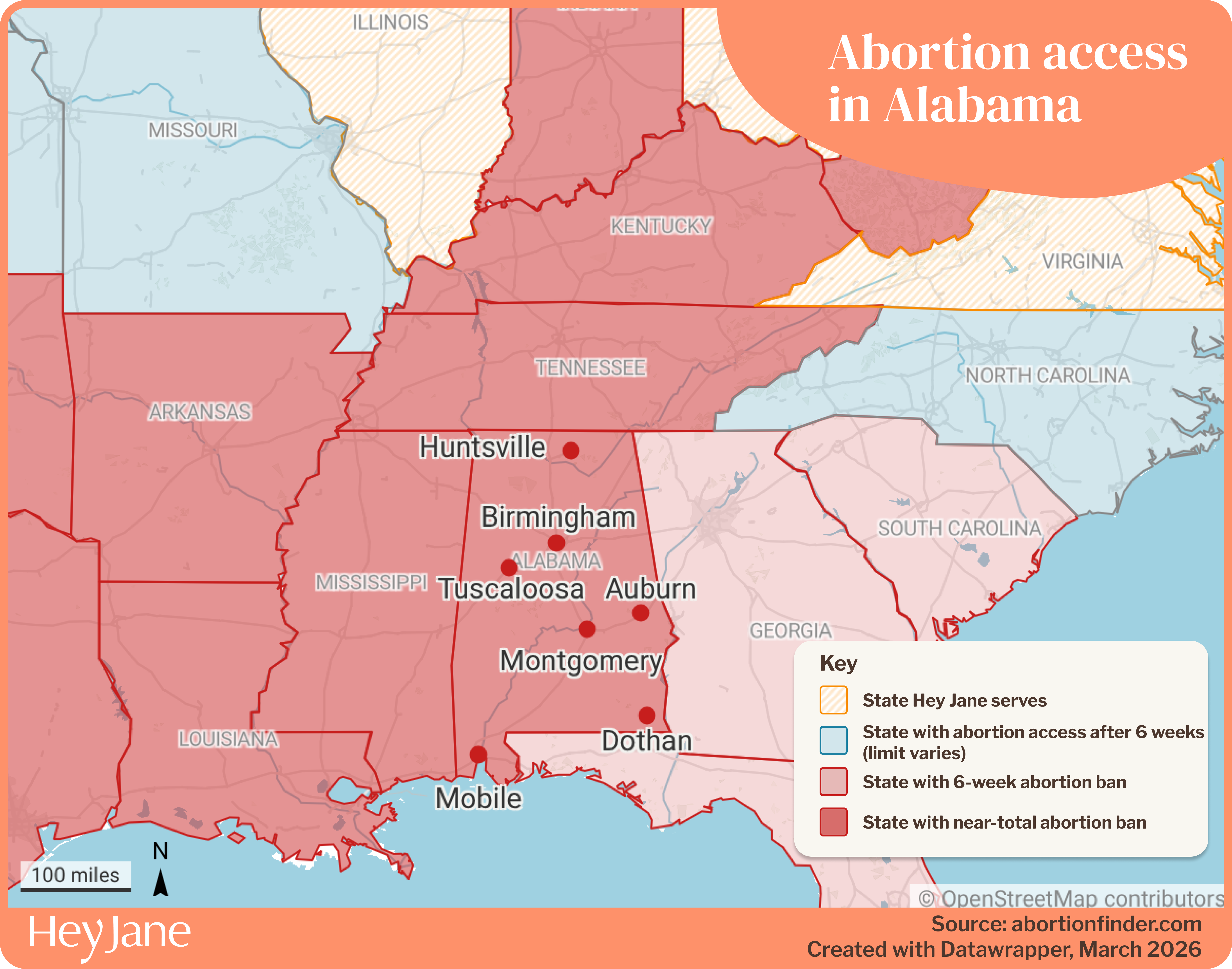 Map of abortion access in Alabama and nearby states, including Hey Jane availability