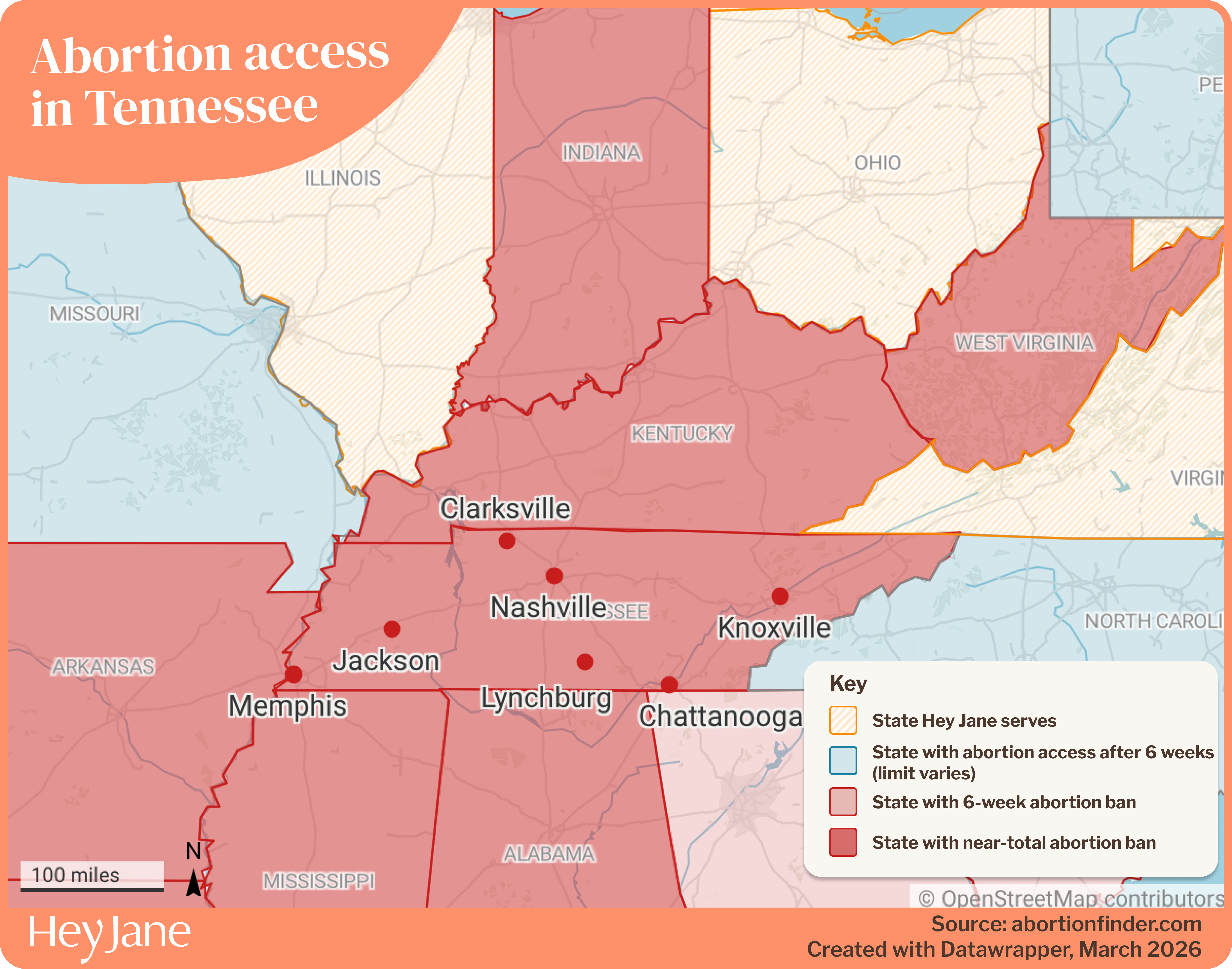 Map of abortion access in Tennessee and surrounding states, including Hey Jane availability