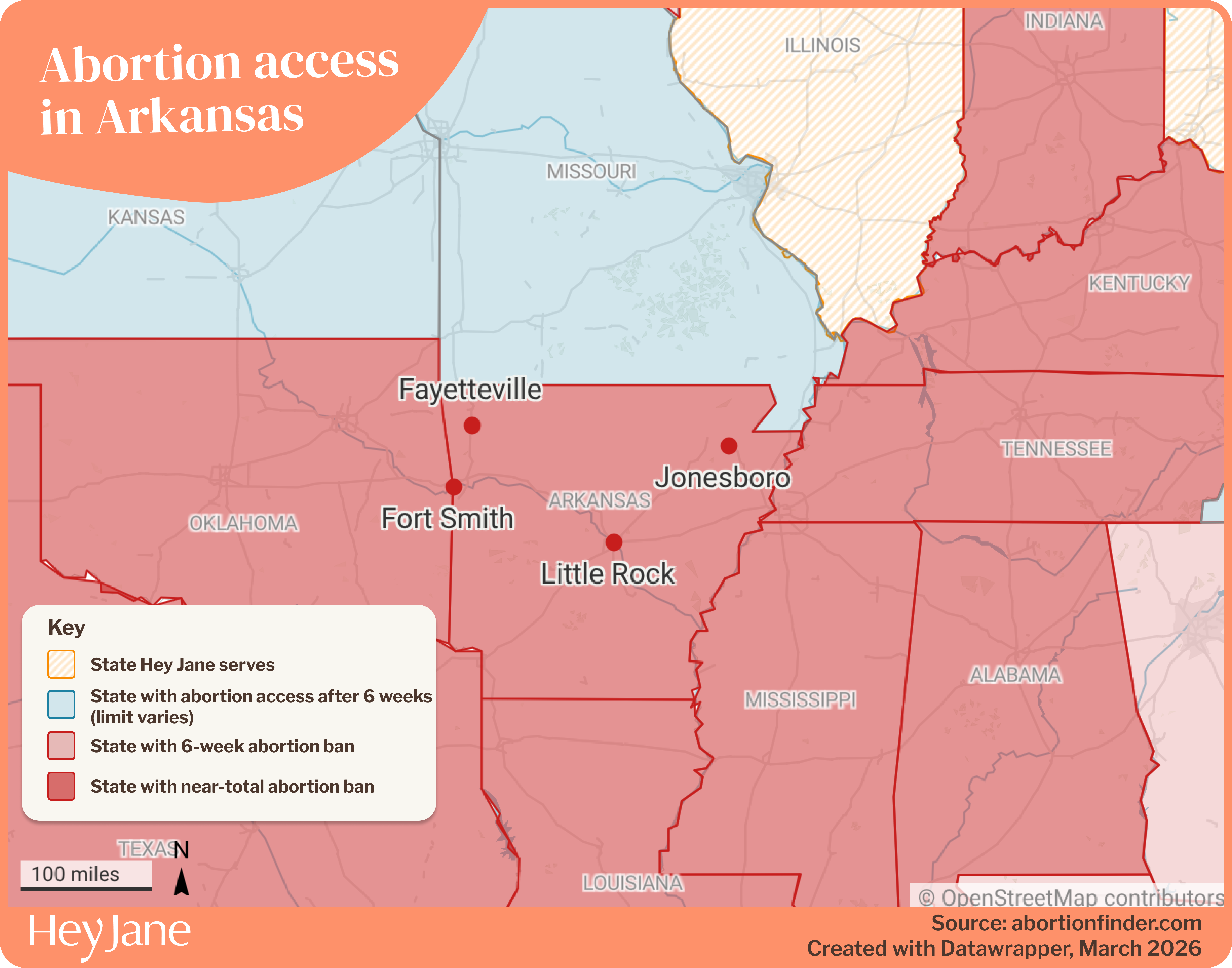 Map of abortion access in Arkansas and surrounding states, including Hey Jane service areas.