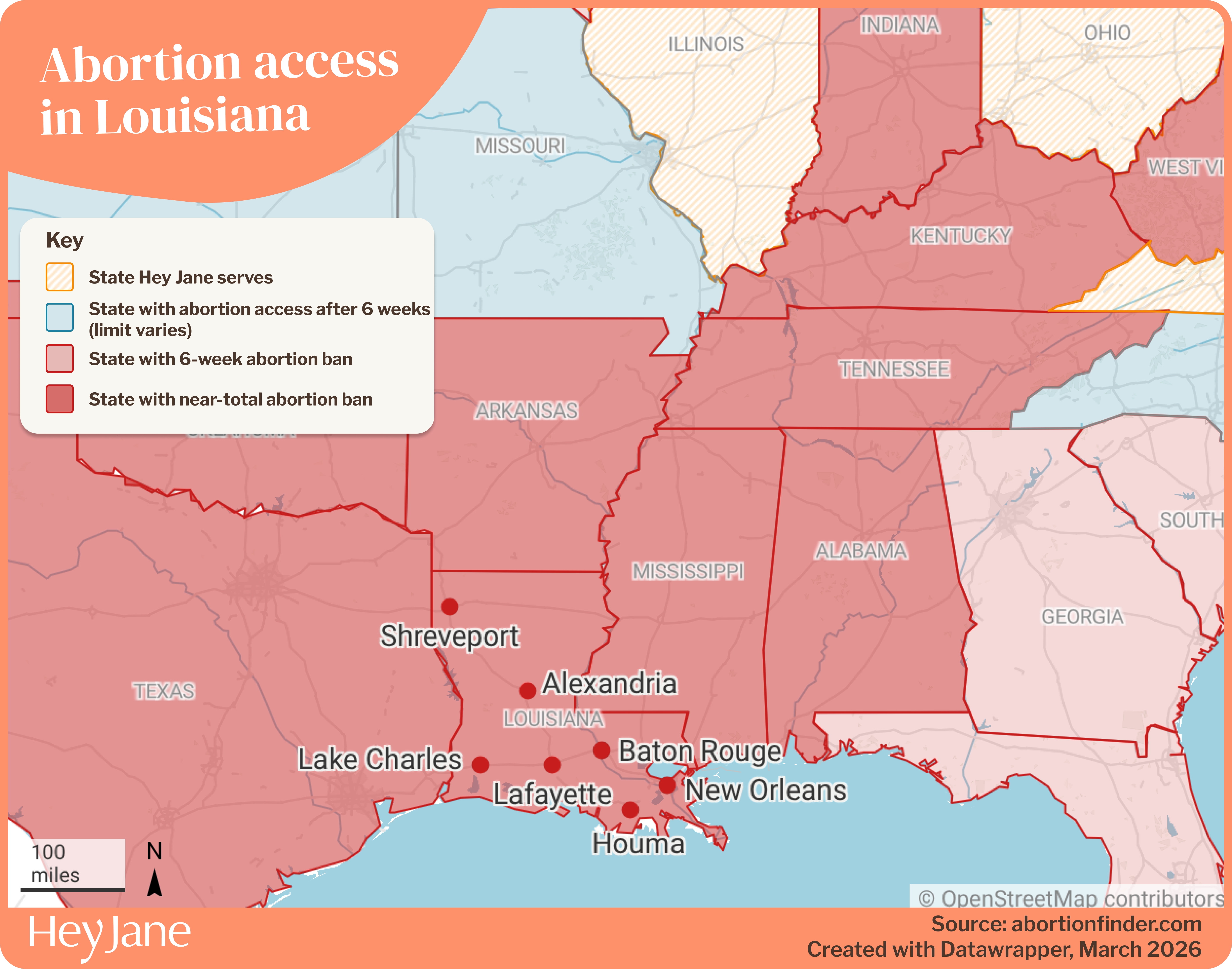 Map of abortion access in Louisiana and surrounding states, including Hey Jane service areas.