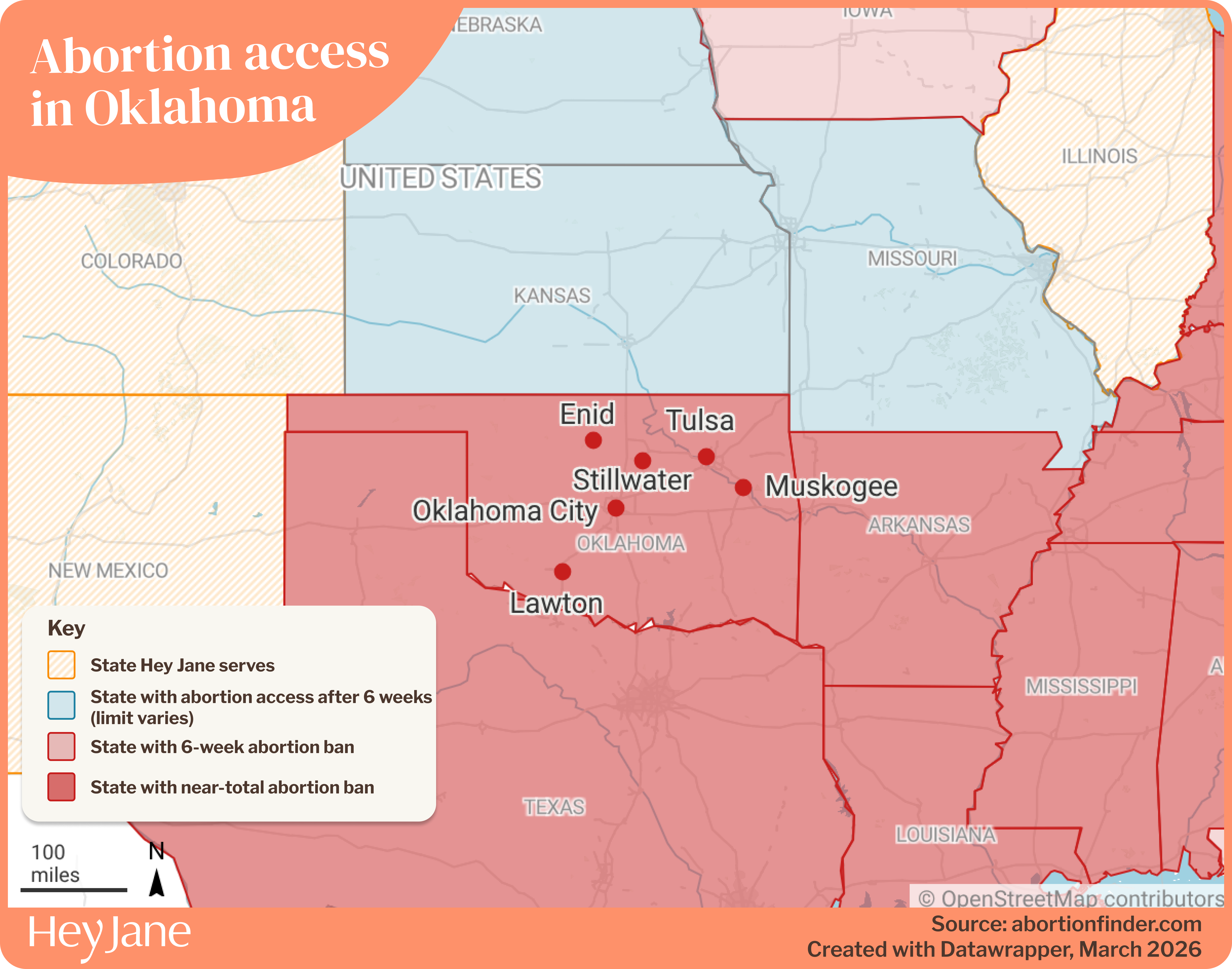 Map of abortion access in Oklahoma and surrounding states, including Hey Jane service areas.