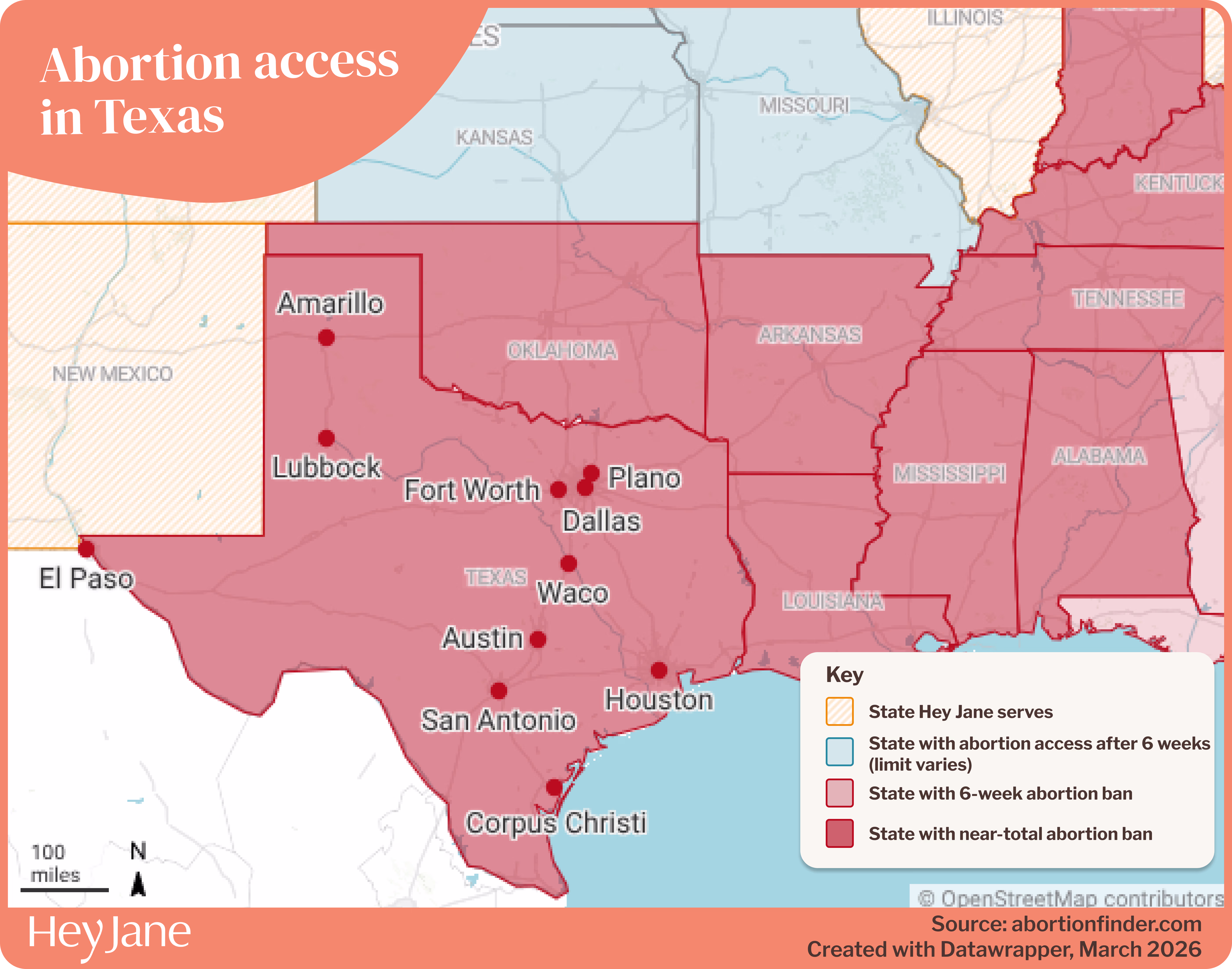 Map of abortion access levels in Texas and surrounding states, including Hey Jane service areas