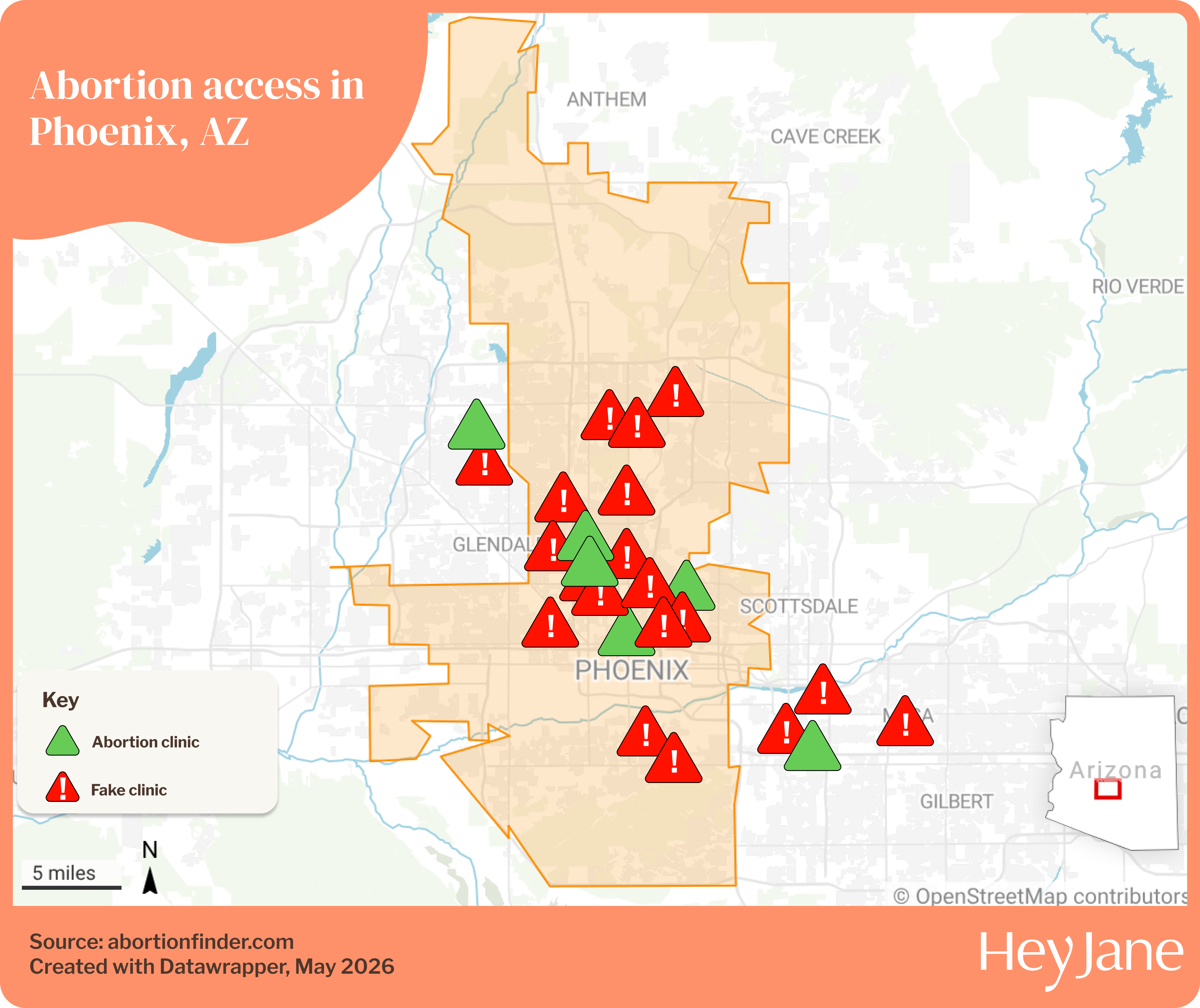 Map of abortion access in Phoenix, Arizona including Hey Jane abortion by mail service areas, local clinics, and fake clinics (CPCs)