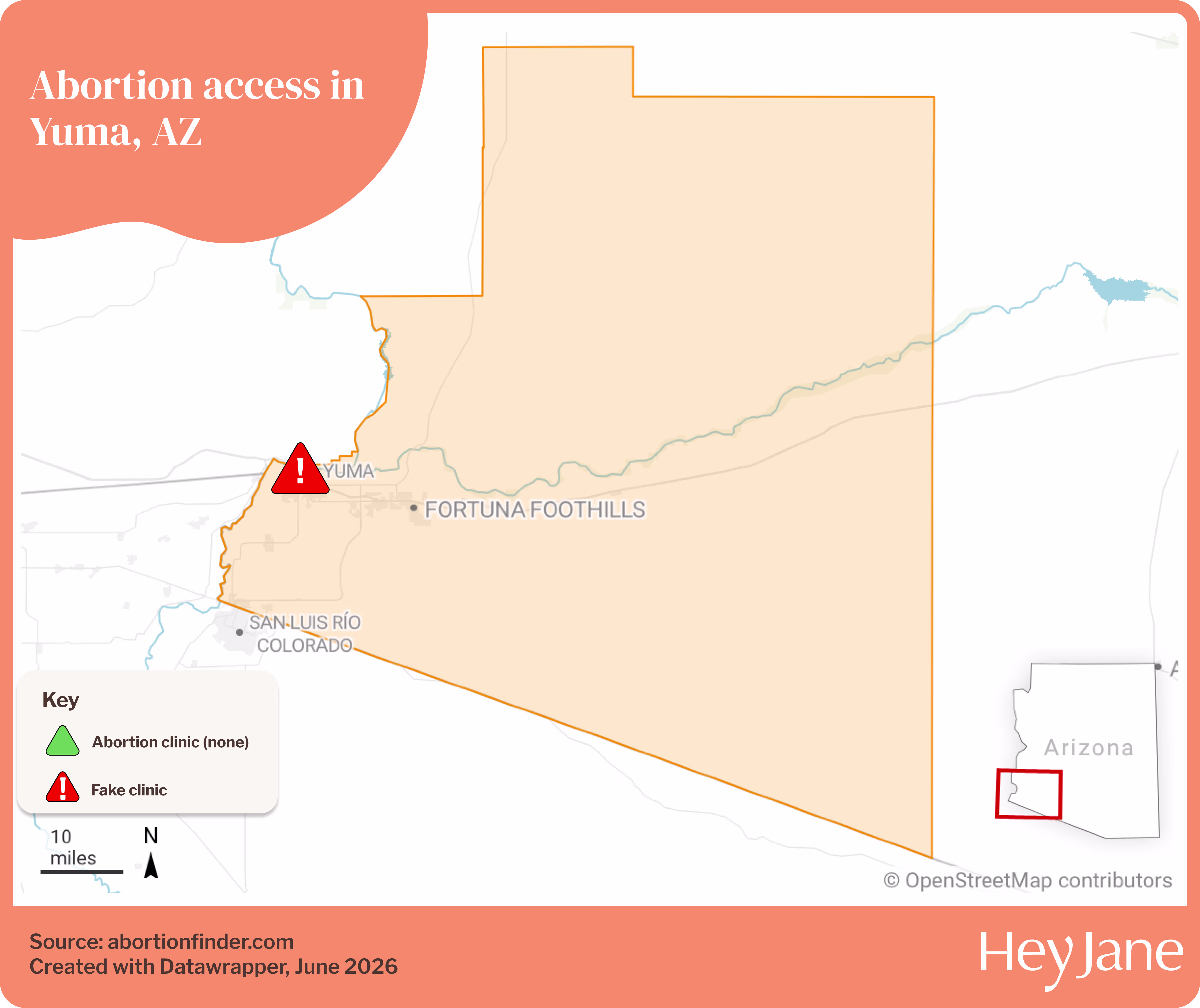 Map of abortion access in Yuma, including Hey Jane service areas, no in-person alternatives, and 1 fake clinic (CPC).