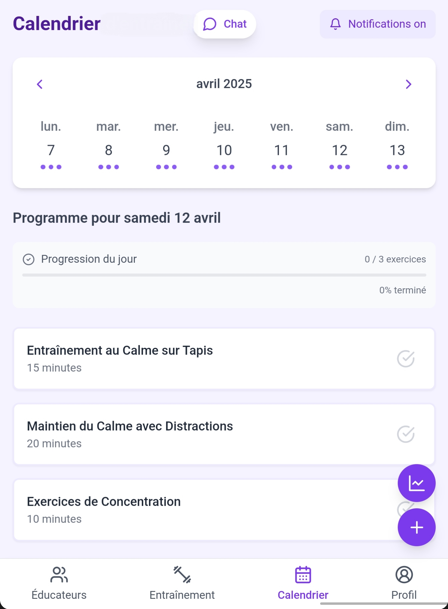 Interface des programmes d'entraînement