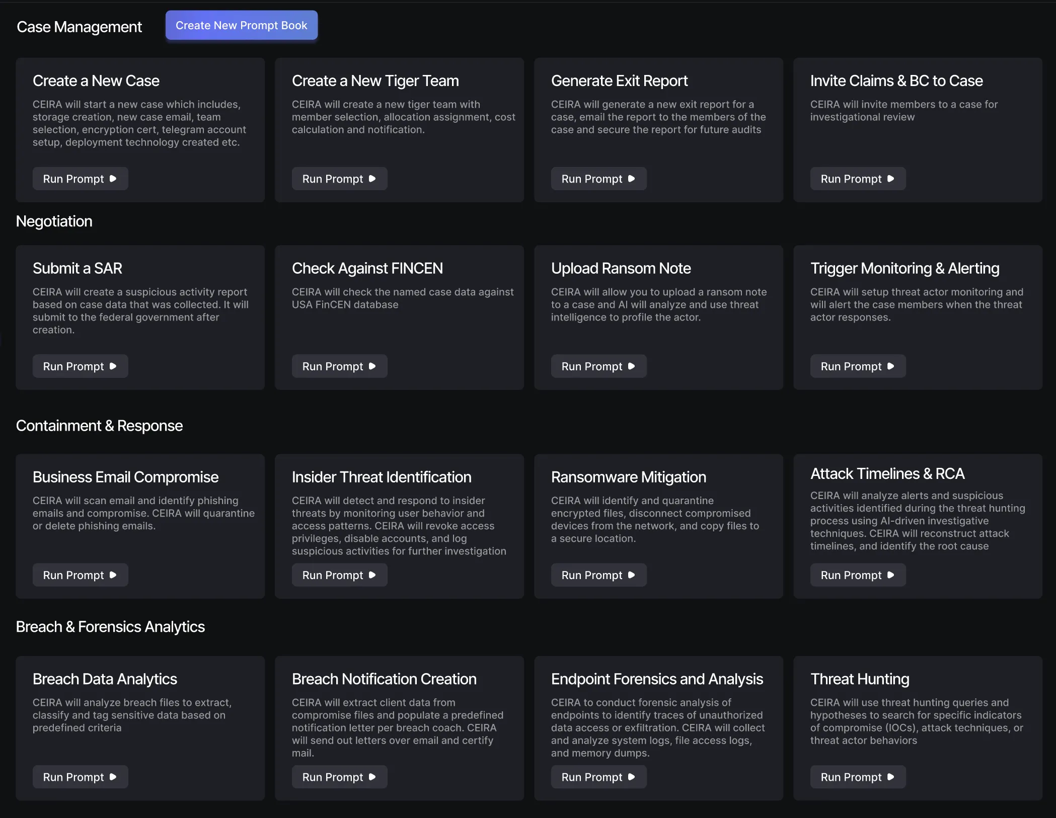 PromptBooks interface displaying breach response guides and templates