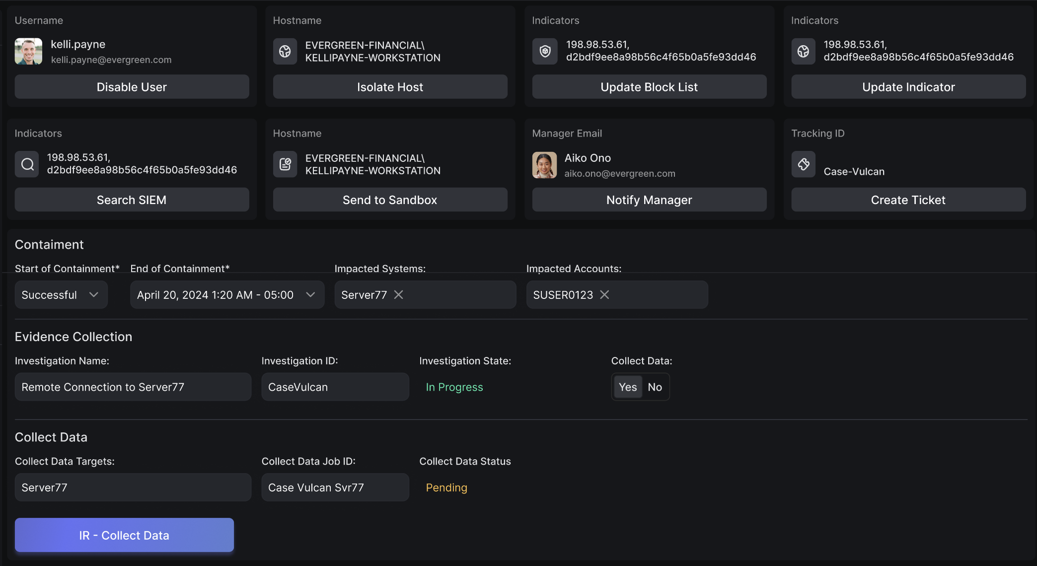 Containment status overview in cybersecurity incident response dashboard