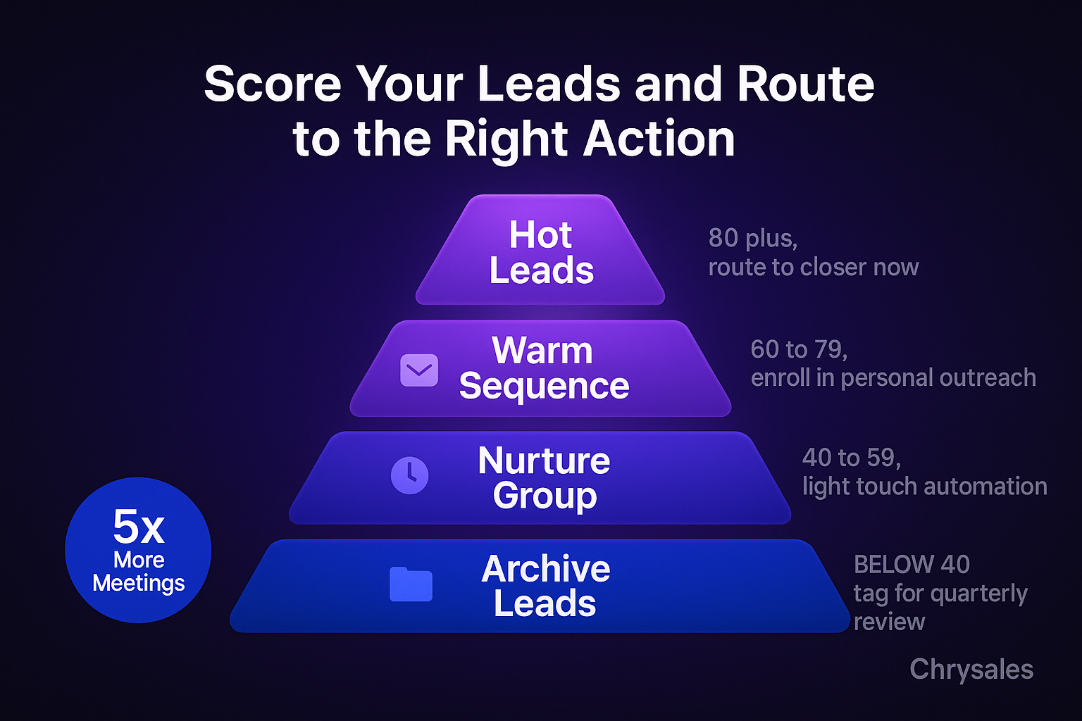 Lead score tier pyramid showing hot warm nurture and archive routing actions for B2B sales