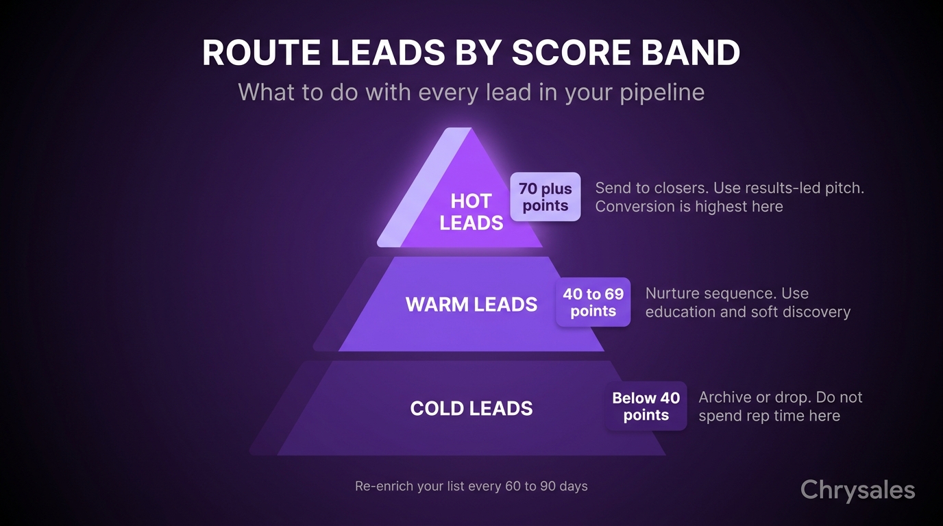 Lead score tier pyramid showing hot warm and cold routing rules for B2B sales