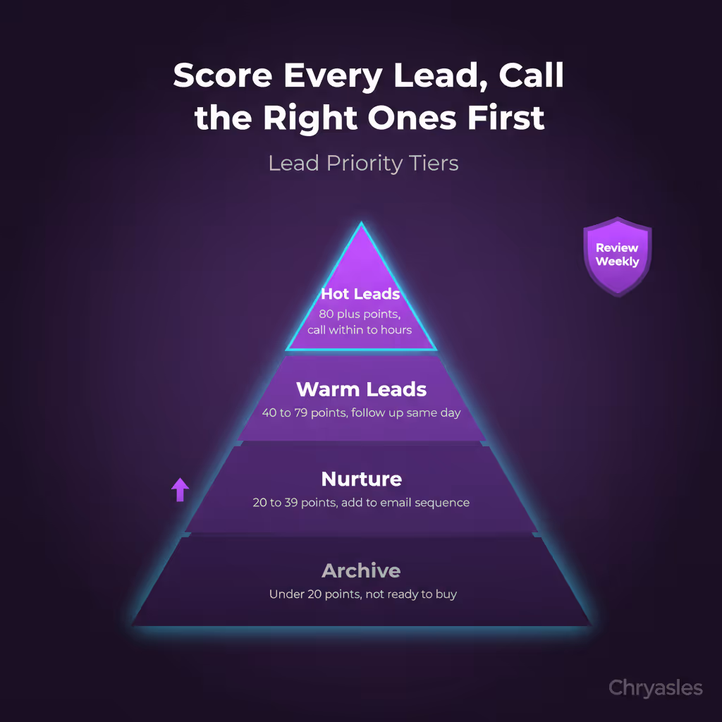 Lead scoring tier pyramid showing hot, warm, nurture, and archive levels for B2B sales