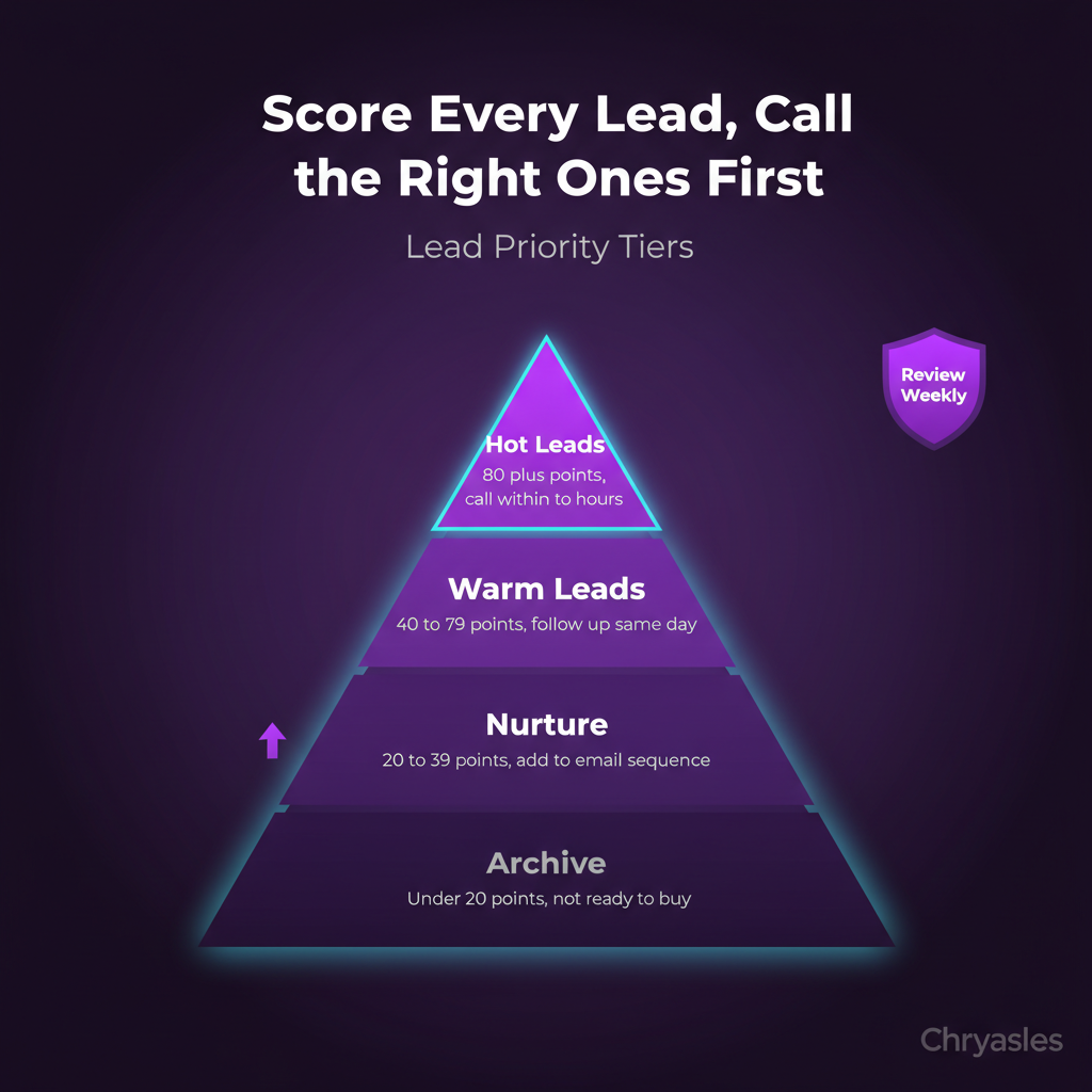 Lead scoring tier pyramid showing hot, warm, nurture, and archive levels for B2B sales