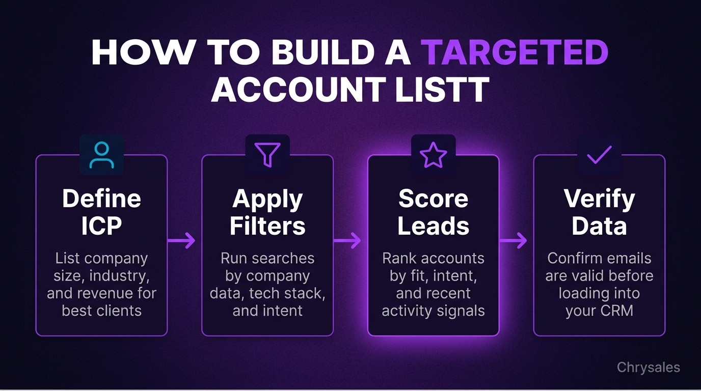 Four step process flow for building a targeted B2B account list from ICP to CRM