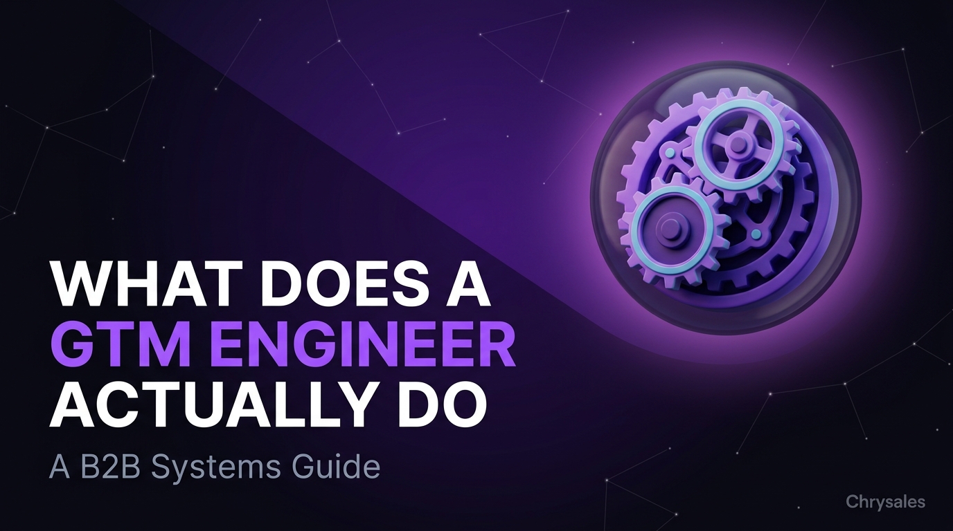 GTM engineer concept with clockwork gear orb and bold purple title text