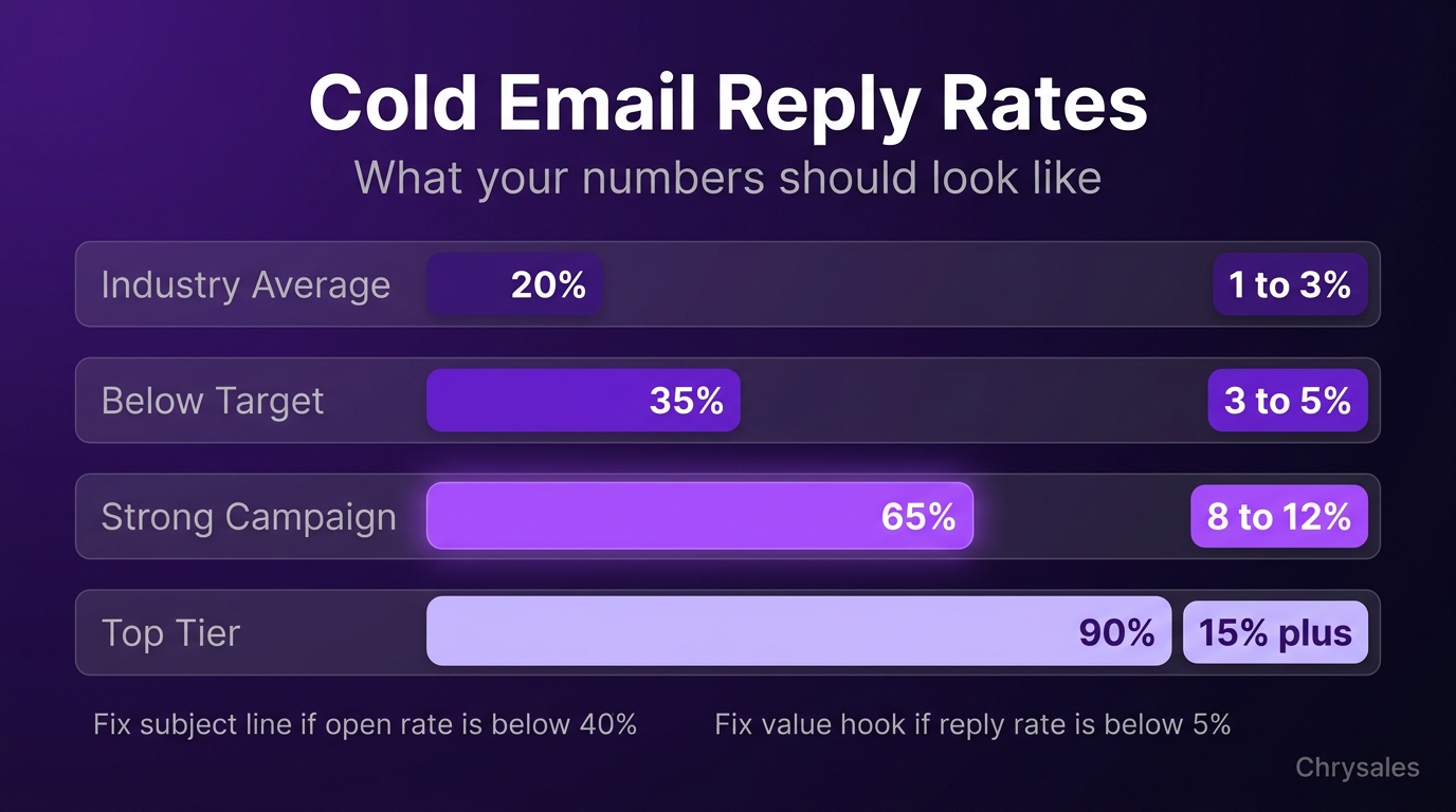 Bar chart comparing cold email reply rates from average to top tier campaigns