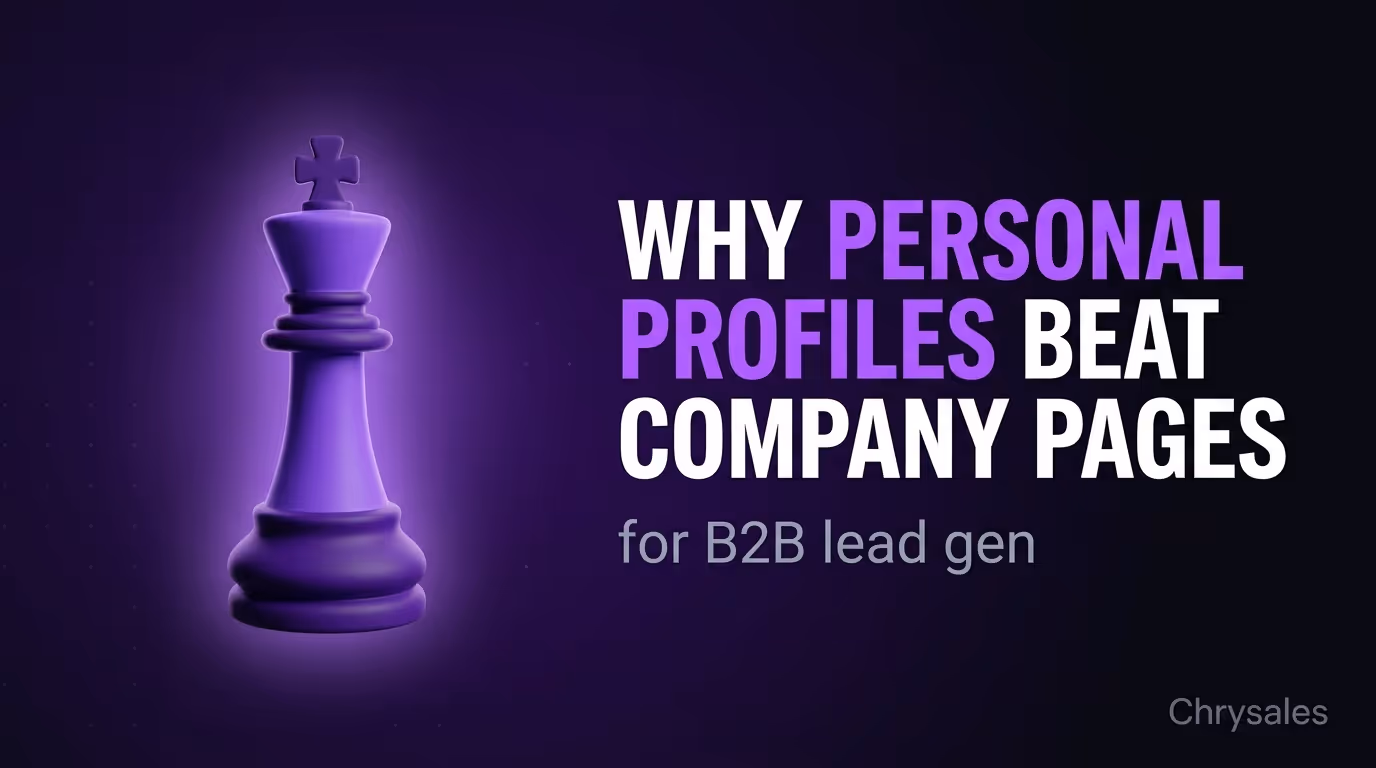 Chess king piece beside bold title about personal profiles beating company pages for B2B lead generation