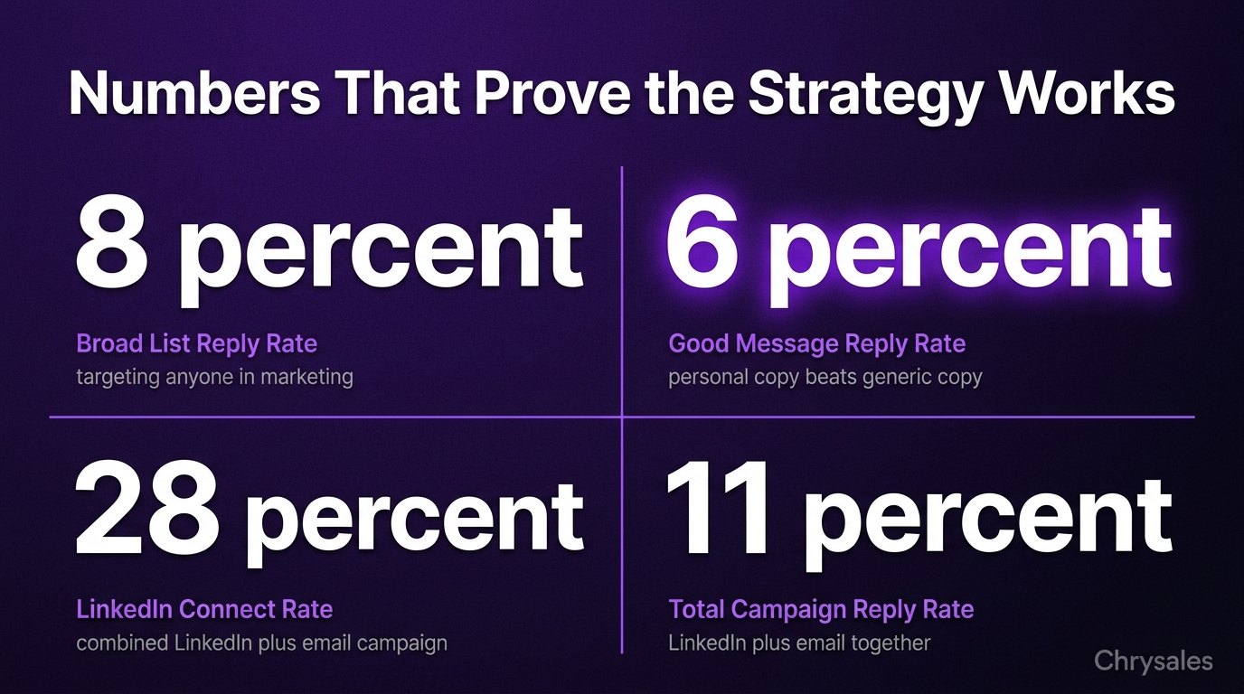 Four key reply rate stats from LinkedIn automation campaigns shown in bold numbers