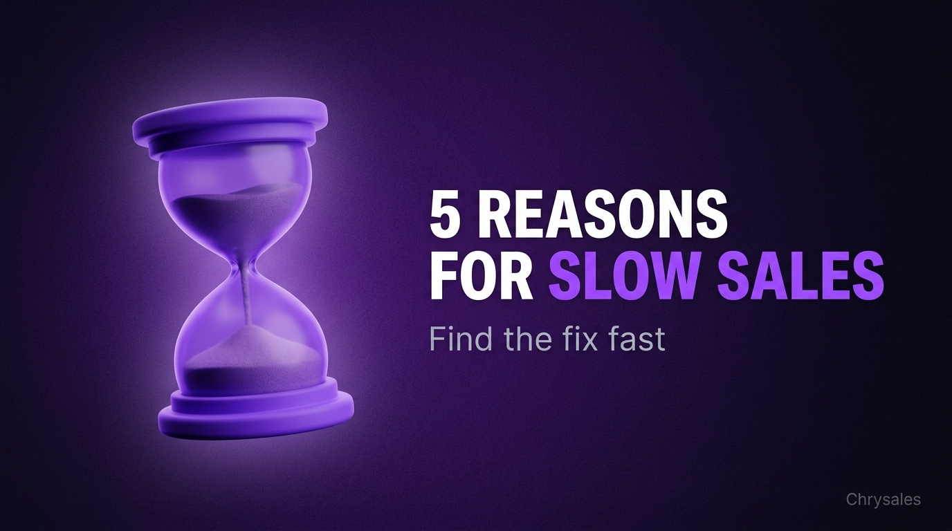 Bold sales blog title beside a glowing purple hourglass on dark background