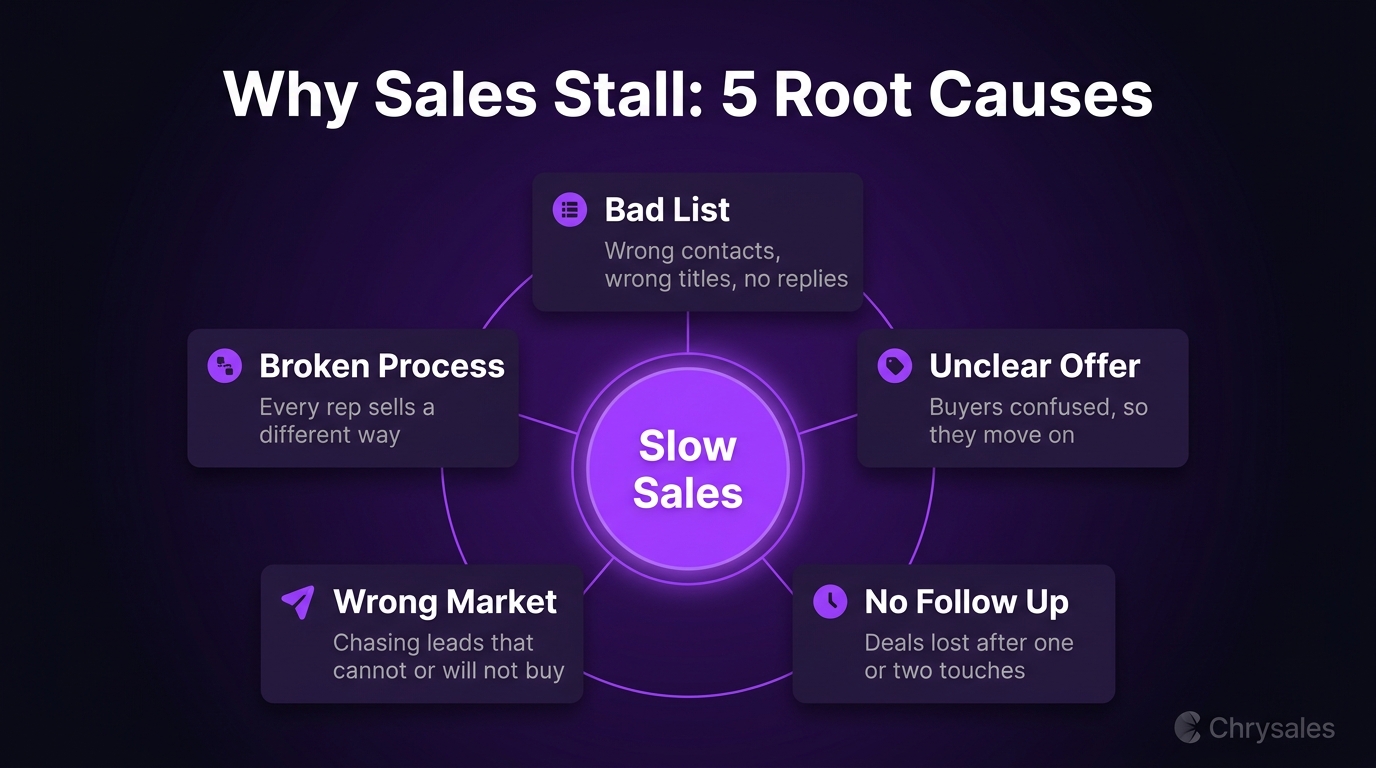 Hub and spoke diagram showing five root causes of slow B2B sales