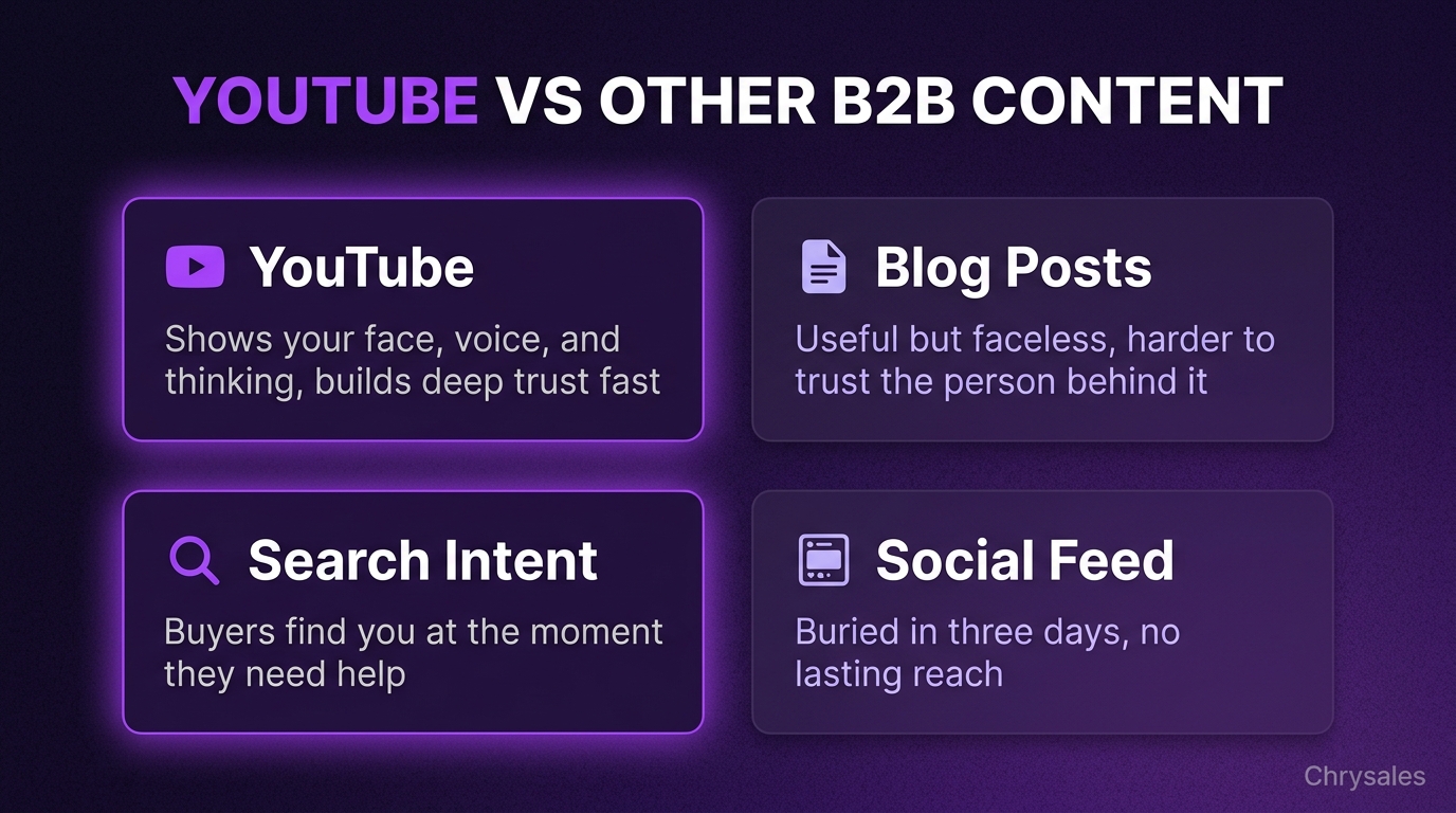2x2 grid comparing YouTube authority building against other B2B content channels