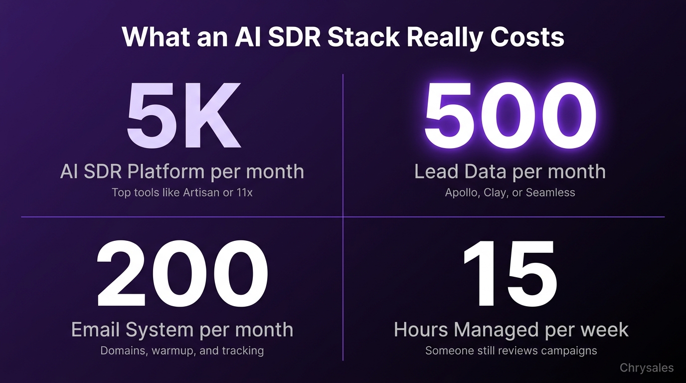AI SDR tool monthly cost breakdown across four stack components for B2B teams