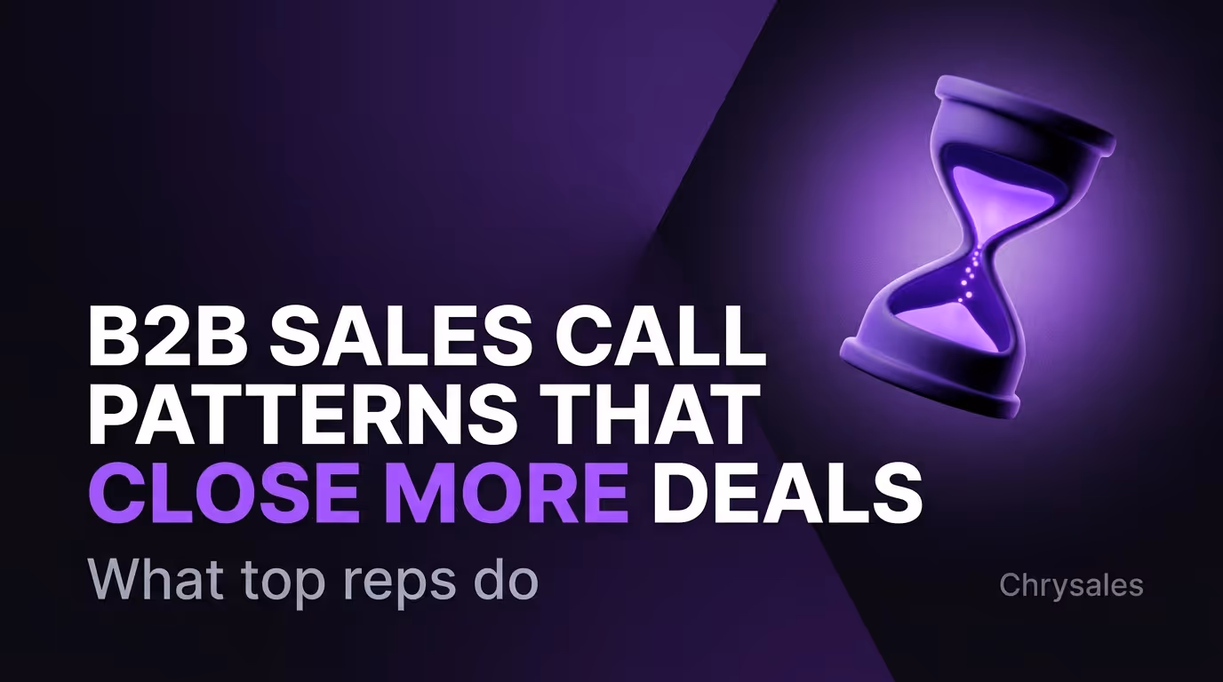 Bold B2B sales call patterns visual with glowing purple hourglass and white title text